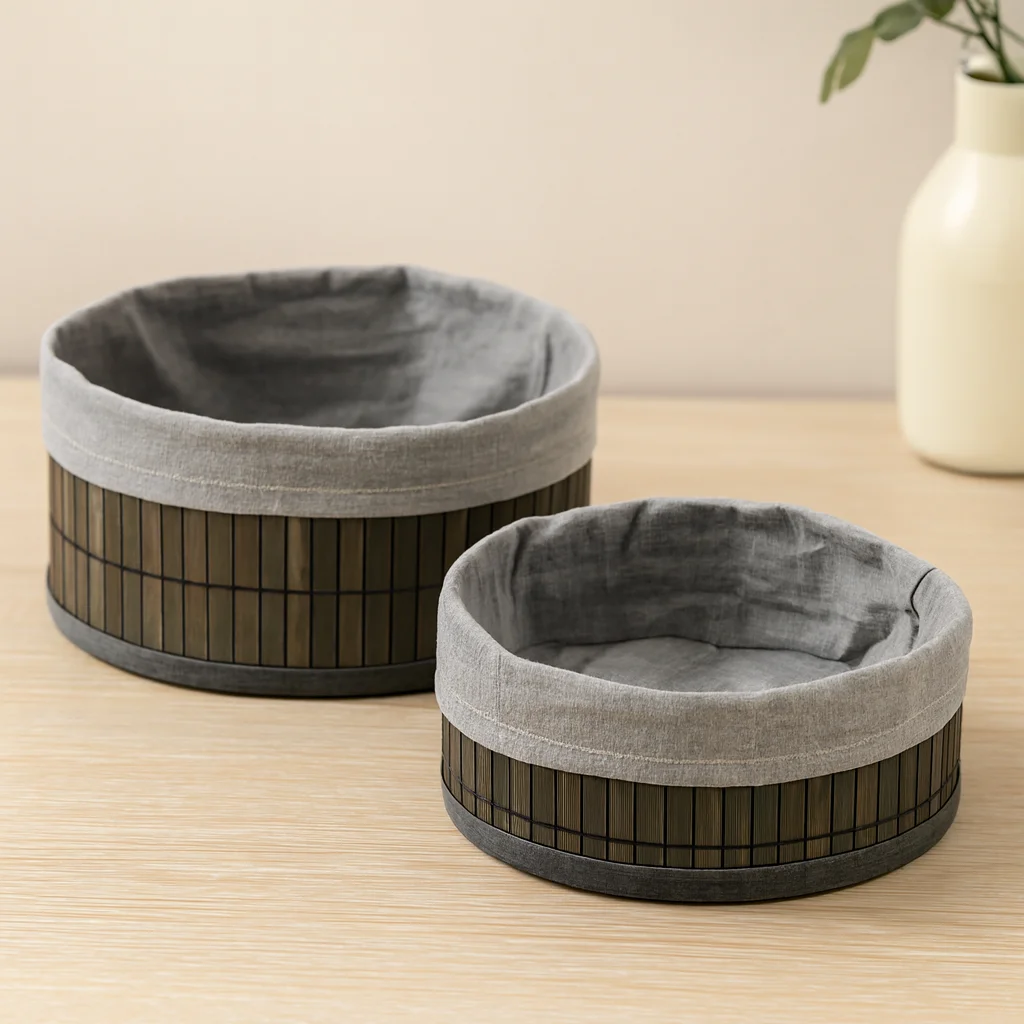 Yuvarlak Organizer Sepet - Bambu Kenarlı Ahşap Taban Bezli (Çap 22x24 cm)