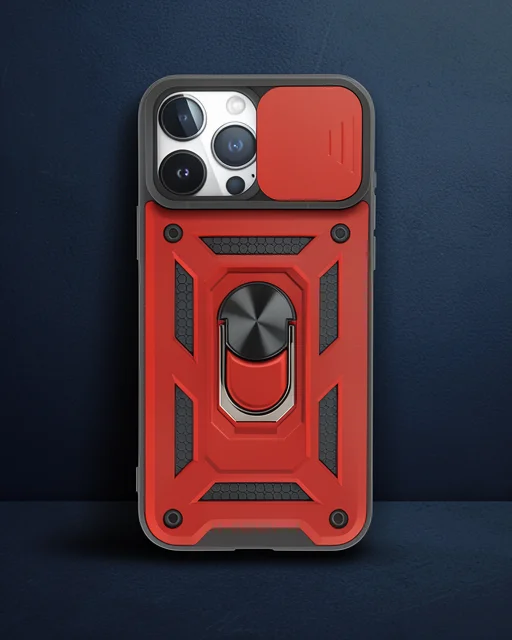 Apple İphone 15 Pro Max Kılıf Pars Lens Yüzüklü Silikon - Kırmızı