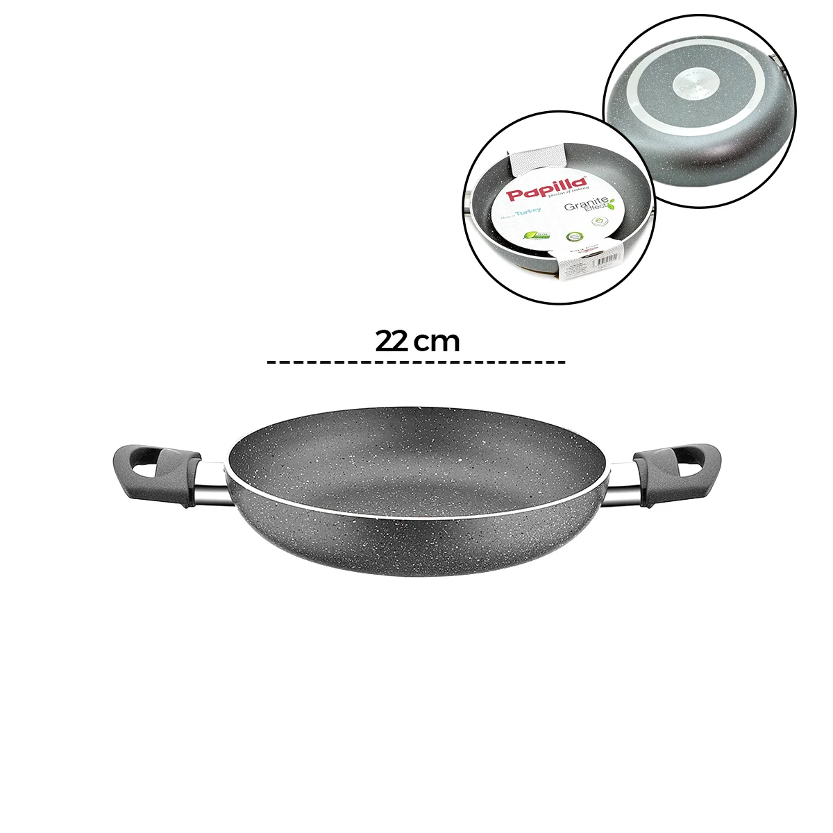Granit Tava 22 cm Çift Saplı Gri Kırçıllı görsel 2