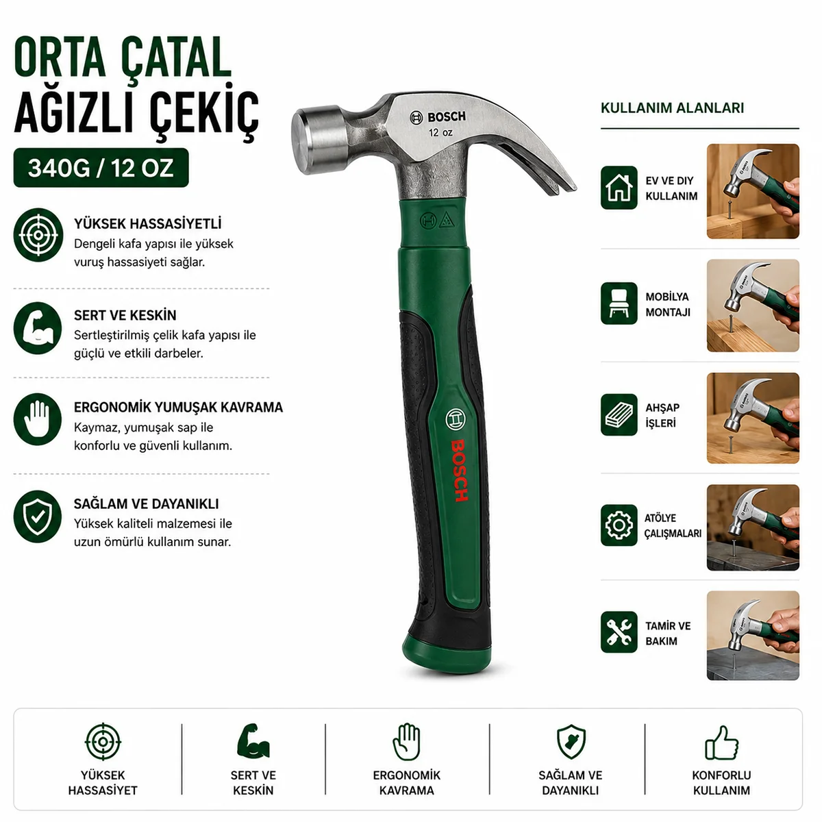 12 oz Orta Çatal Çekiç 24 cm - Ergonomik Yumuşak Sap görsel 2