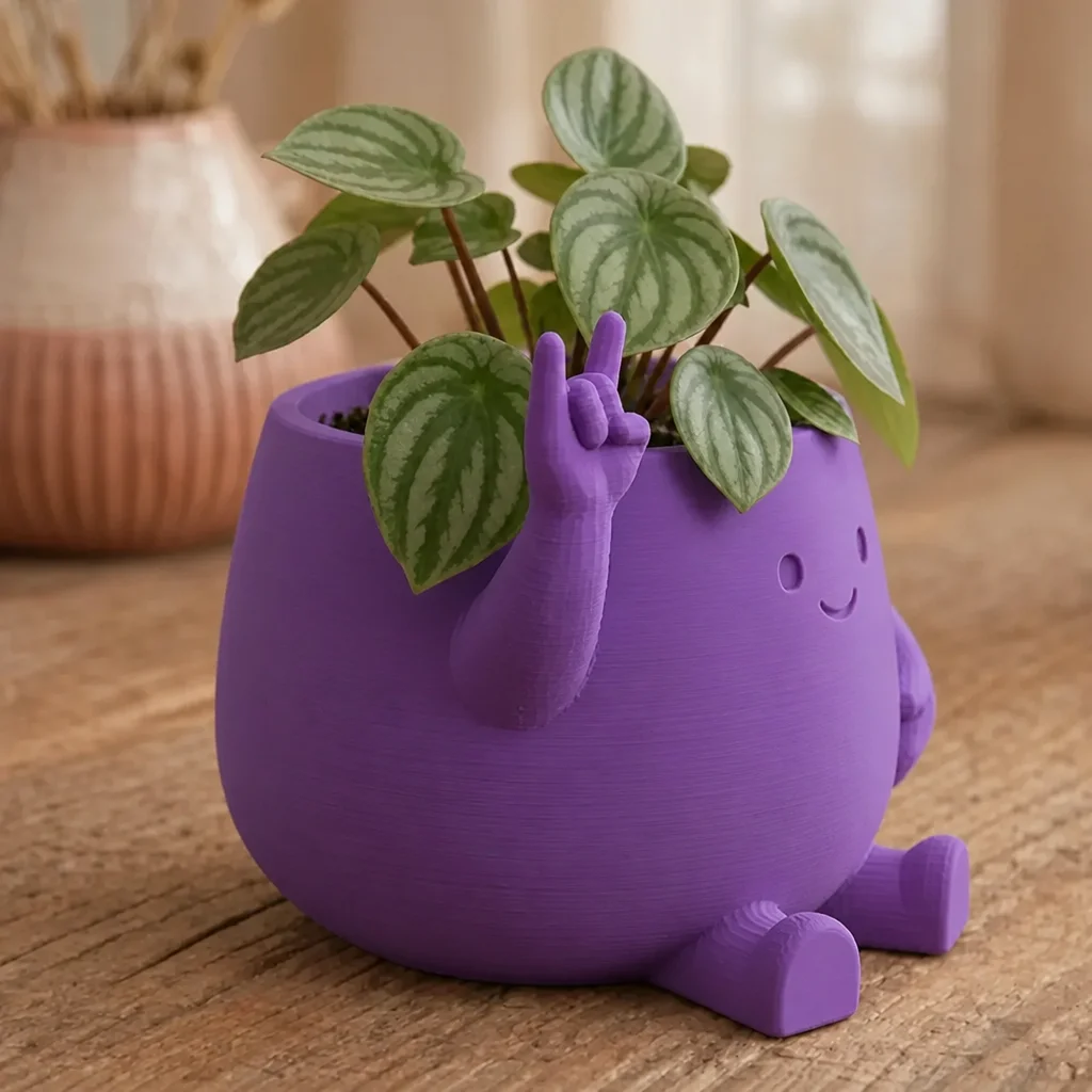 3D Baskı Smiley Face Planter - Gülümseyen Karakterli Saksı-Mor görsel 2