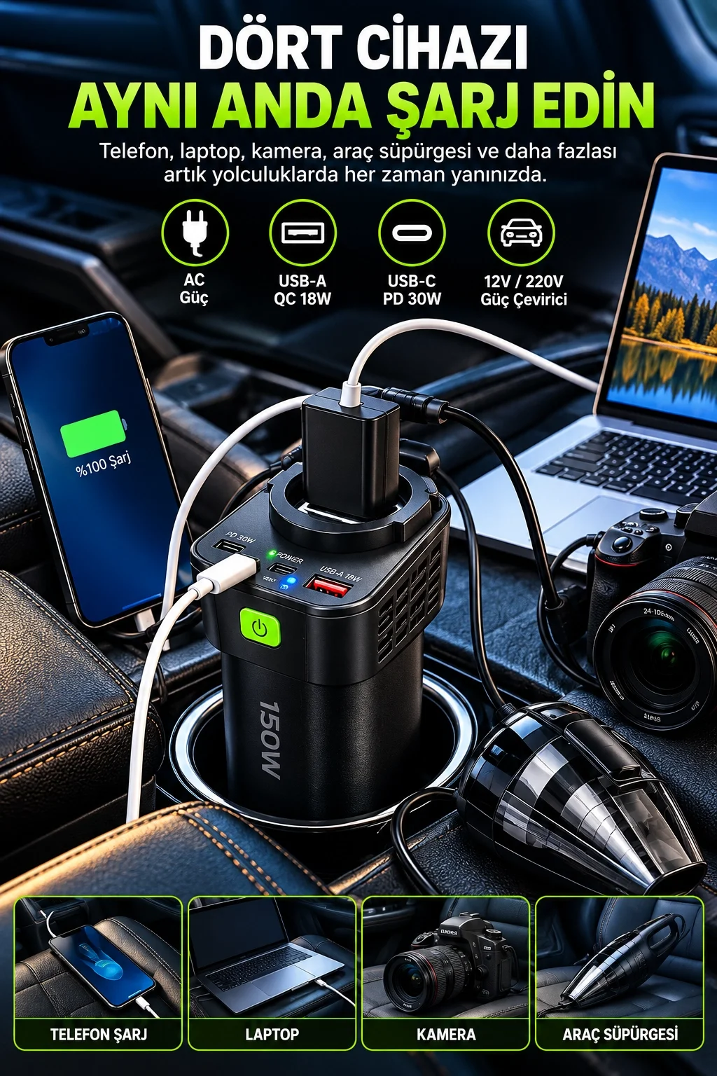 150W Araç İçi Şarj Adaptörü 12V 220V Çakmaklık Girişli 30W Type-C 18W USB Hızlı Şarj görsel 3