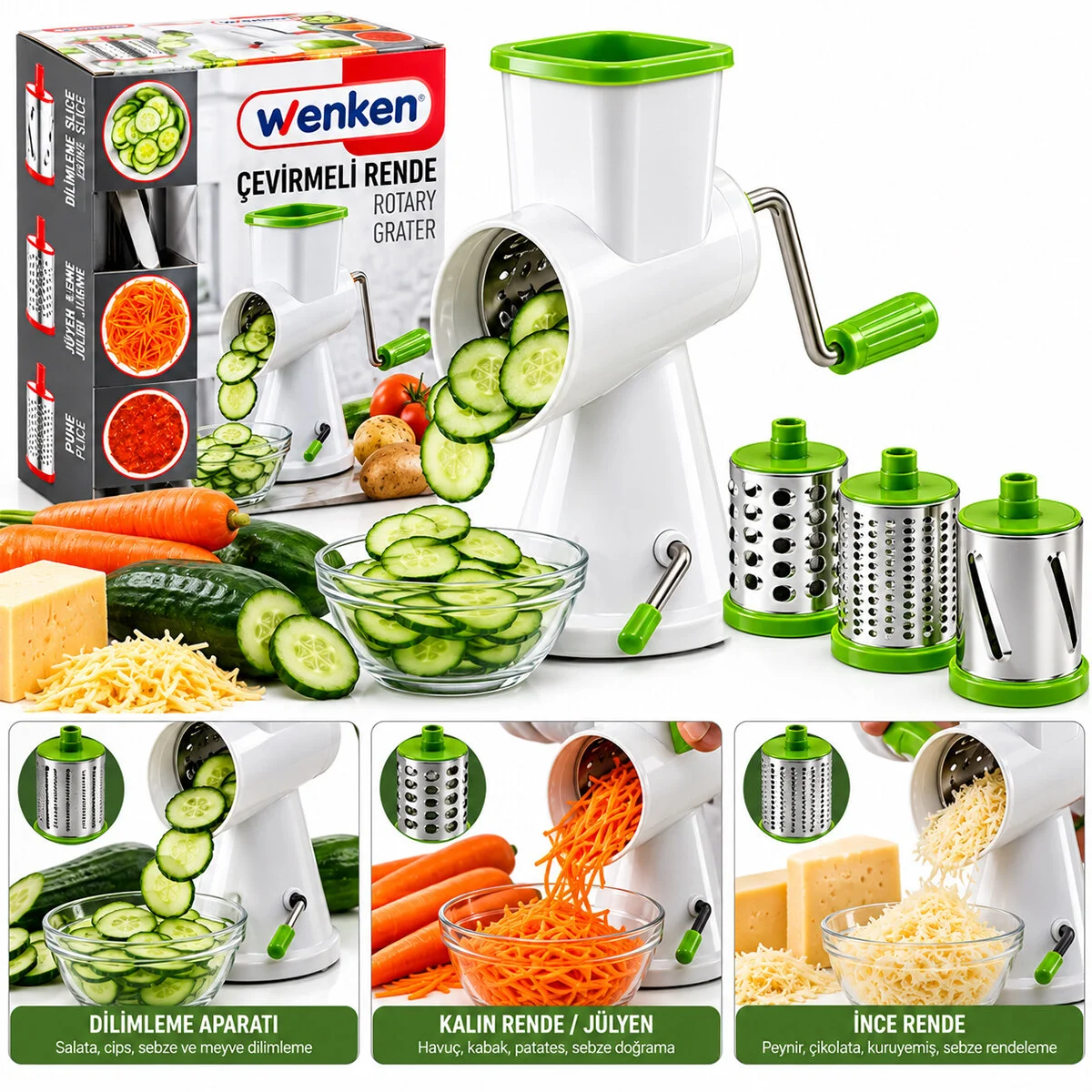 Kollu - Çevirmeli Değirmen - Rende Doğrayıcı Set Dilimleme Aparatı - Kalın-ince Rende UR-3369 görsel 3