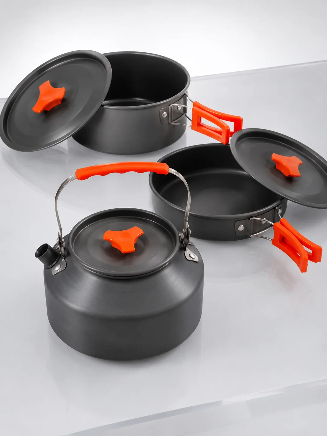 Kompakt Kamp Yemek Seti Alünyum Tencere Tava Çaydanlık Taşıma Fileli Outdoor Set görsel 3