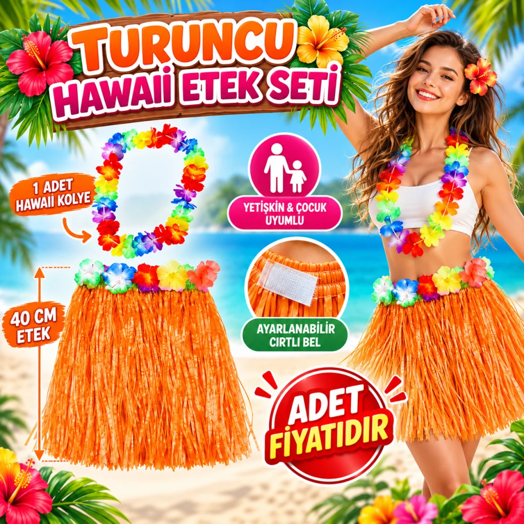 Hawaii Luau Aloha Turuncu Püsküllü 40 cm Etek ve Hawaii Kolye Seti görsel 2