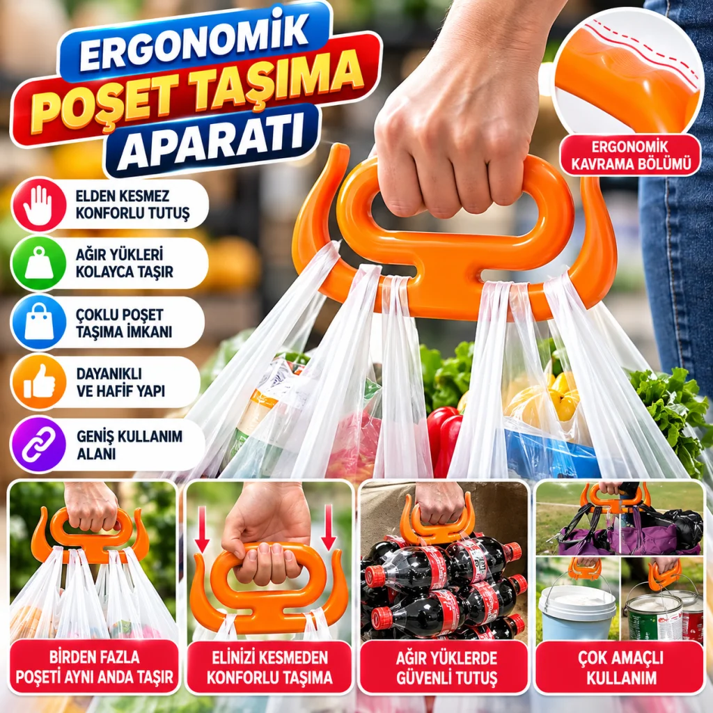 '' Ergonomik Poşet Taşıma Aparatı – Ağır Yük Taşıyıcı Tutacak, Elden Kesme Yapmayan Kolay Taşıma Kancası, Market ve Alışveriş Çantası Taşıyıcısı