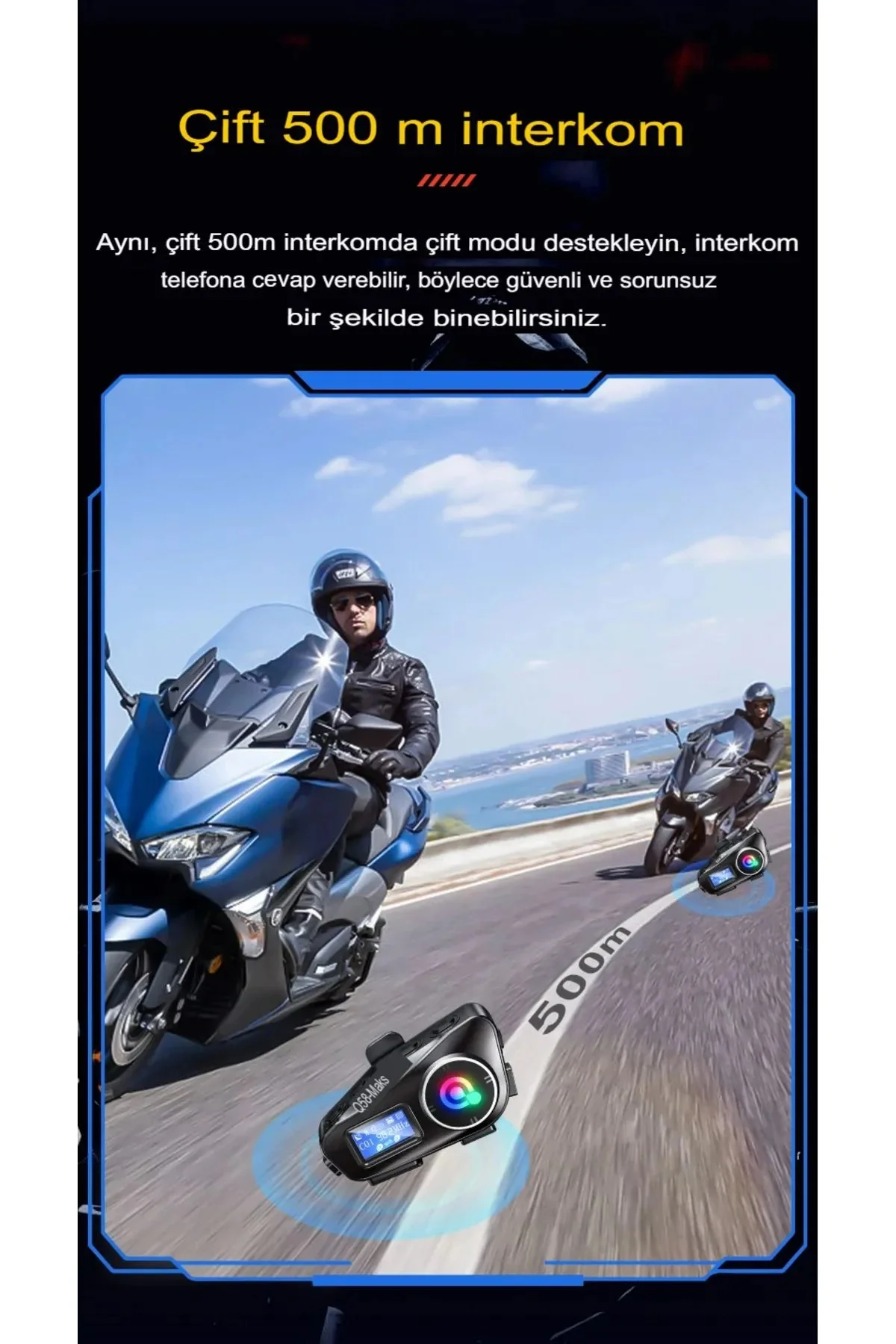 Q58-MAX Radyolu 2 Kişi Bağlantılı Bluetooth Kask Kulaklık Ekranlı Fenerli Müzik ve Telsiz Intercom görsel 3