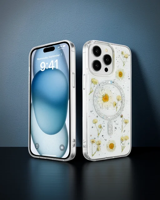 Apple İphone 15 Pro Max Kılıf Daisy Simli Magsafe Kapak - Gümüş