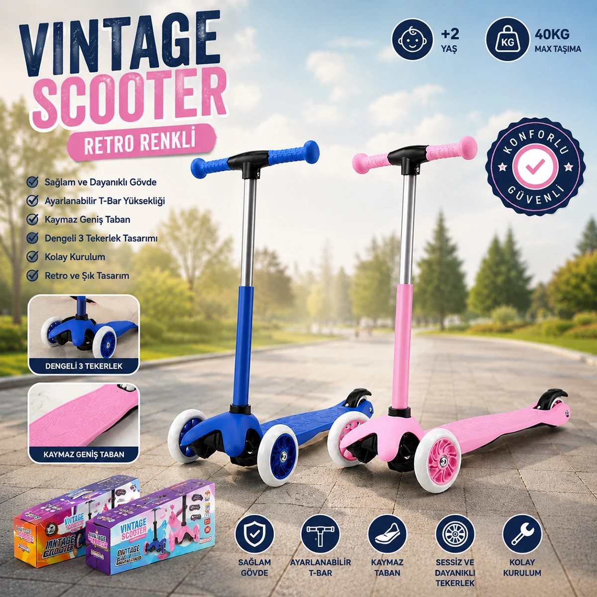 Vintage Çocuk Scooter - Ayarlı 55–71 cm, 40 kg Taşıma görsel 4
