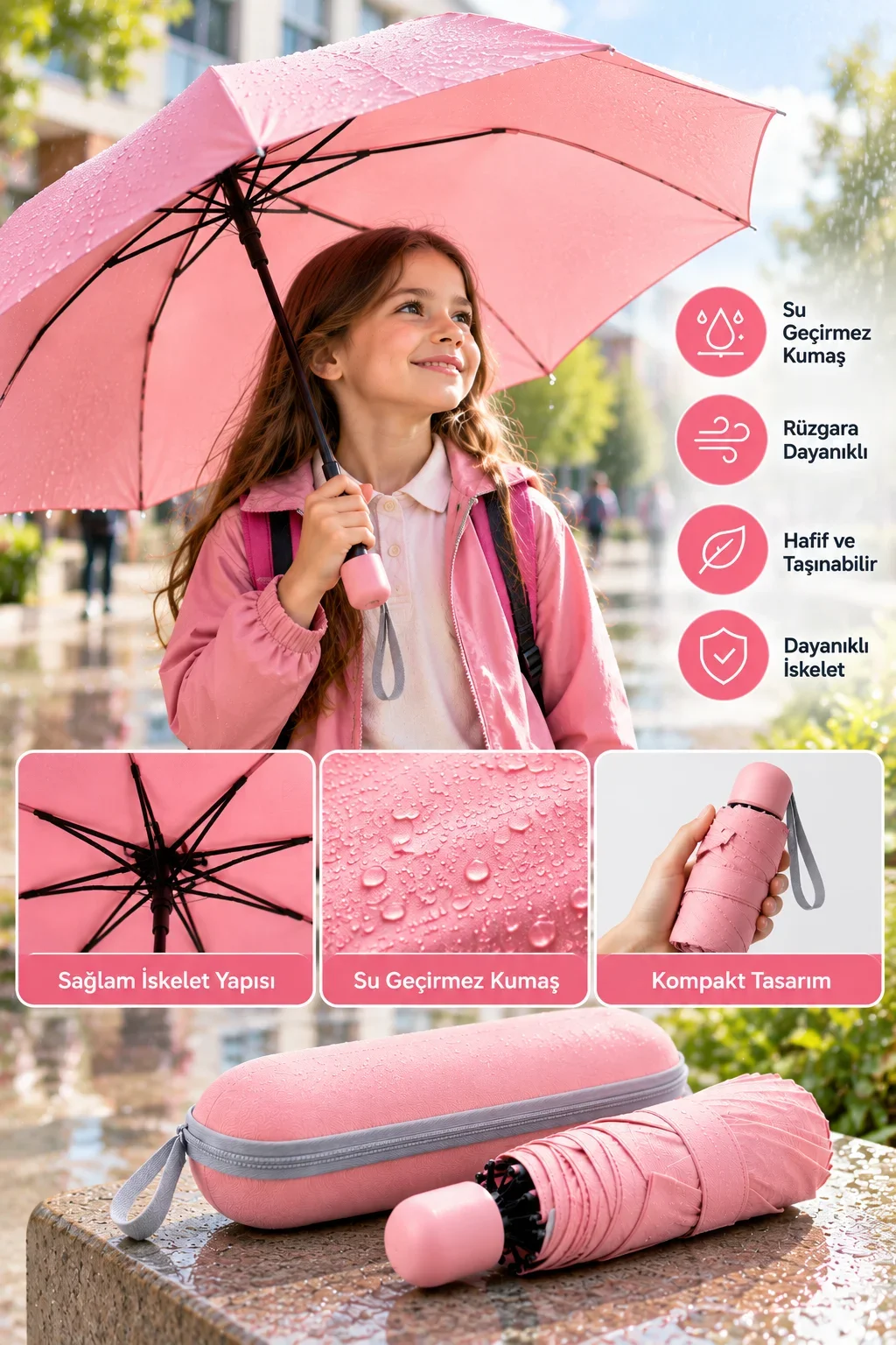 Şık Pembe Kapsül Şemsiye Kompakt Boyut Koruyucu Kılıf ve Pratik Kullanım görsel 4