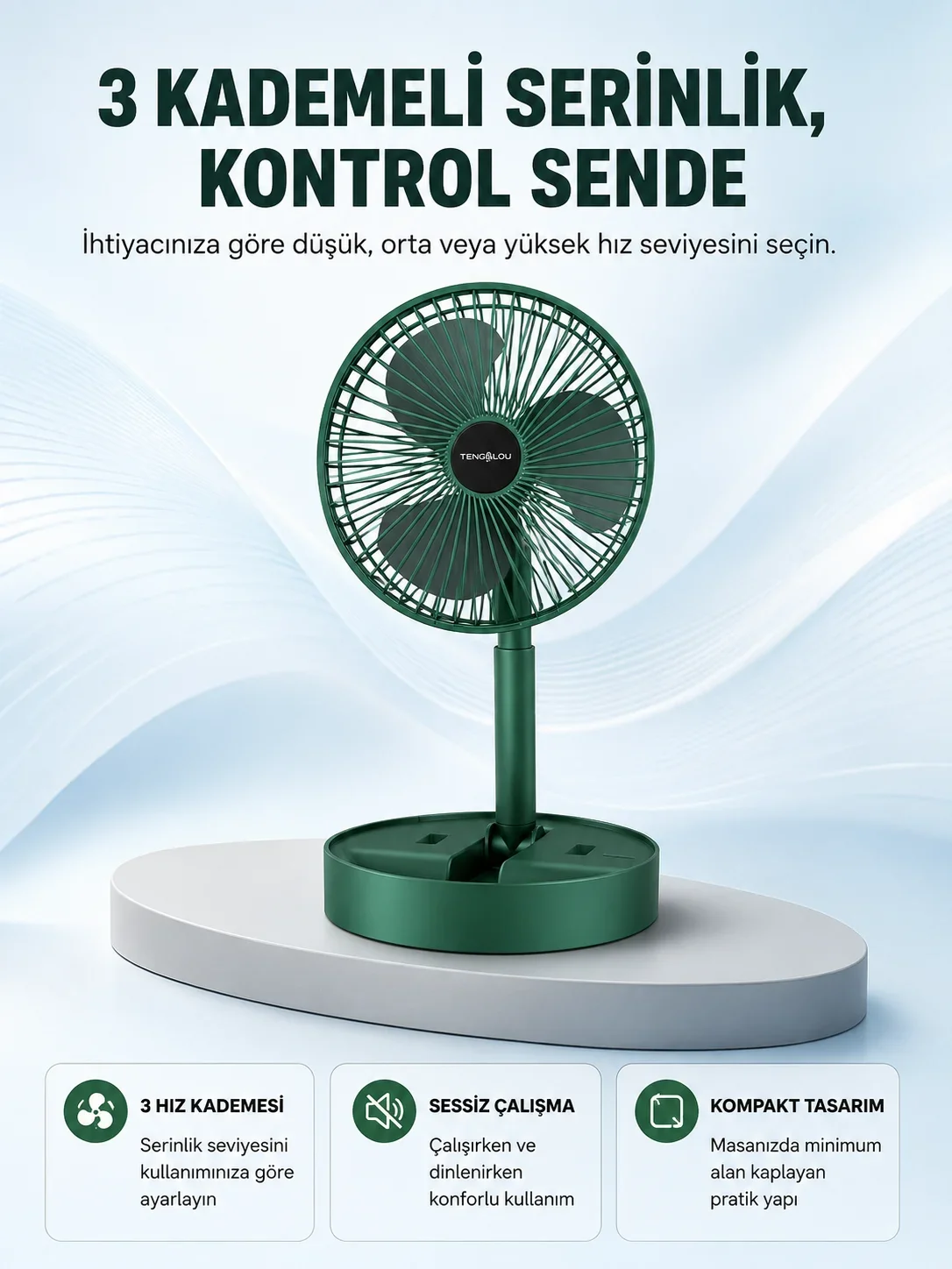 Taşınabilir Katlanabilir ni Fan 3 Kademeli Şarj Edilebilir