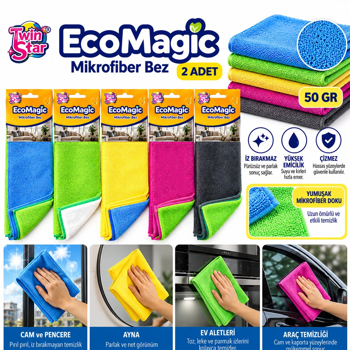 20 Adet 2PCS 50GR Mikrofiber Temizlik Bez görsel 2