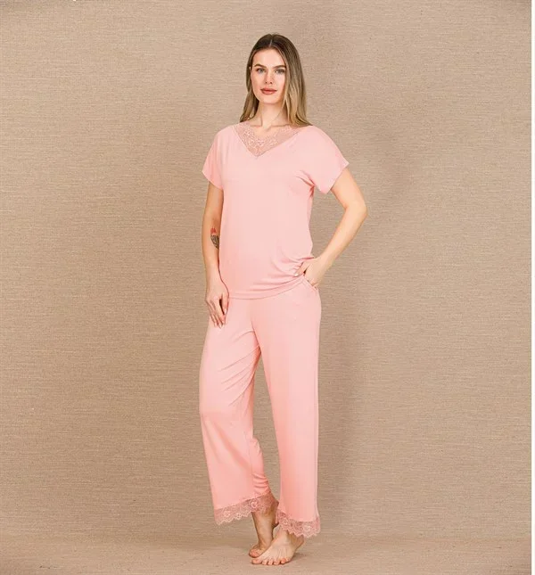 Viskon Şık Tasarım Dantel İşlemeli Açık Pembe Kısa Kol Pijama Takımı görseli