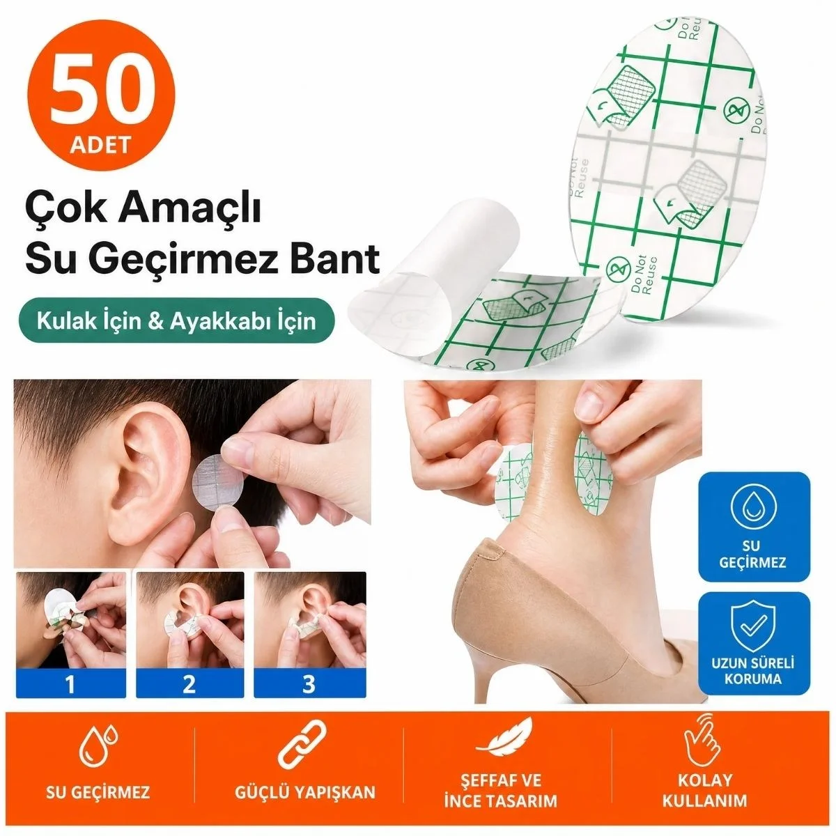 50 Adet Su Geçirmez Kulak Bandı ve Ayakkabı Vurma Önleyici Bant Seti, Çok Amaçlı Koruyucu Yapışkan Bant