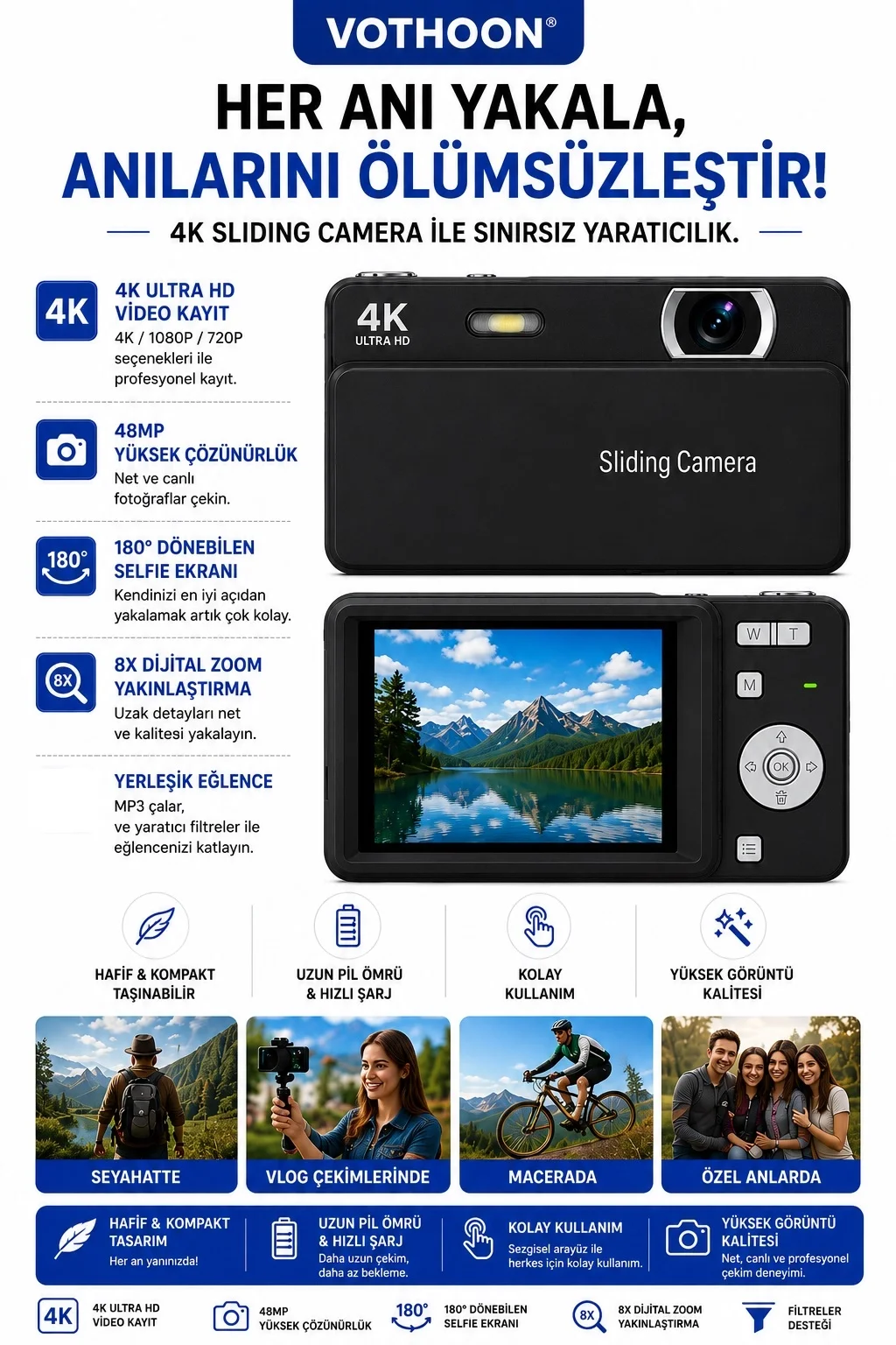 Dijital Kamera 4K HD 48MP 8X Zoom Flaşlı Kayar Retro Video Kamera 2.4’’ Ekran 64GB SD Kart Hediyeli Siyah görsel 2