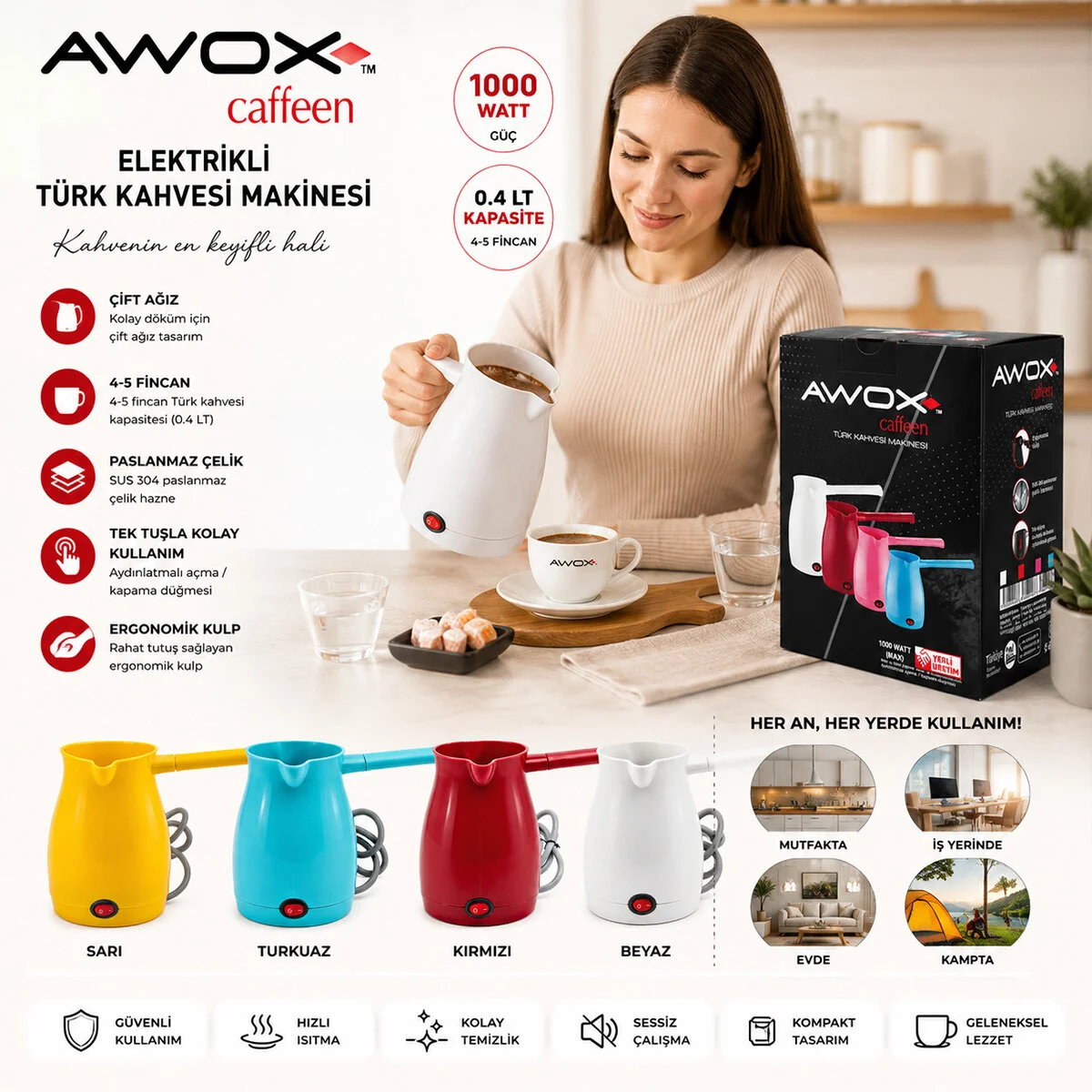 Awox Caffeen Sarı Elektrikli Cezve Türk Kahvesi Makinesi Plastik Çift Ağız 0.4LT - 5 Fincan 1000W görsel 2