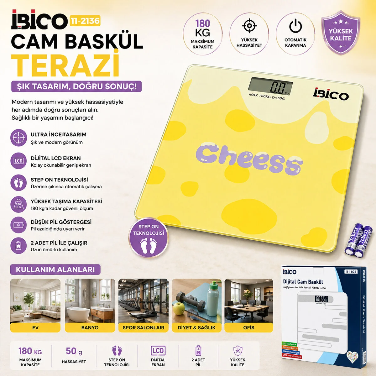 0221A Dijital - Pilli Desenli Renkli Cam Banyo Baskül Terazi Tartı Lcd Ekran 180KG/50GR 26X26CM İ11-030 görsel 2