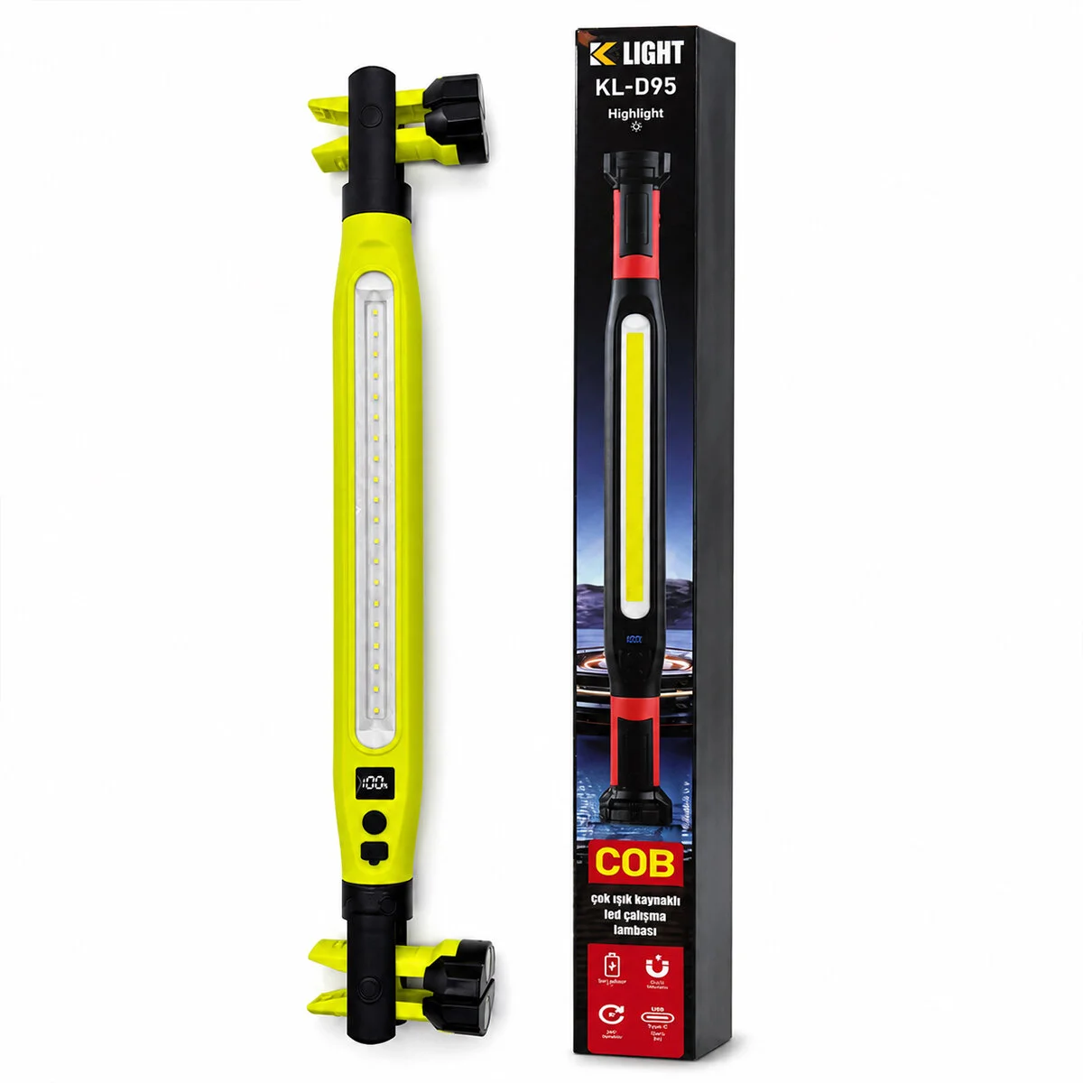 Mıknatıslı Type-c Şarj - Dijital Gösterge 360° Dönebilen Gövde - Askı Kanca - Çift Renk - 52.5CM El Fener - Işıldak Çok Amaçlı Led Çalışma Lambası 4 Fonksiyon Renkli KL-D95 görsel 4