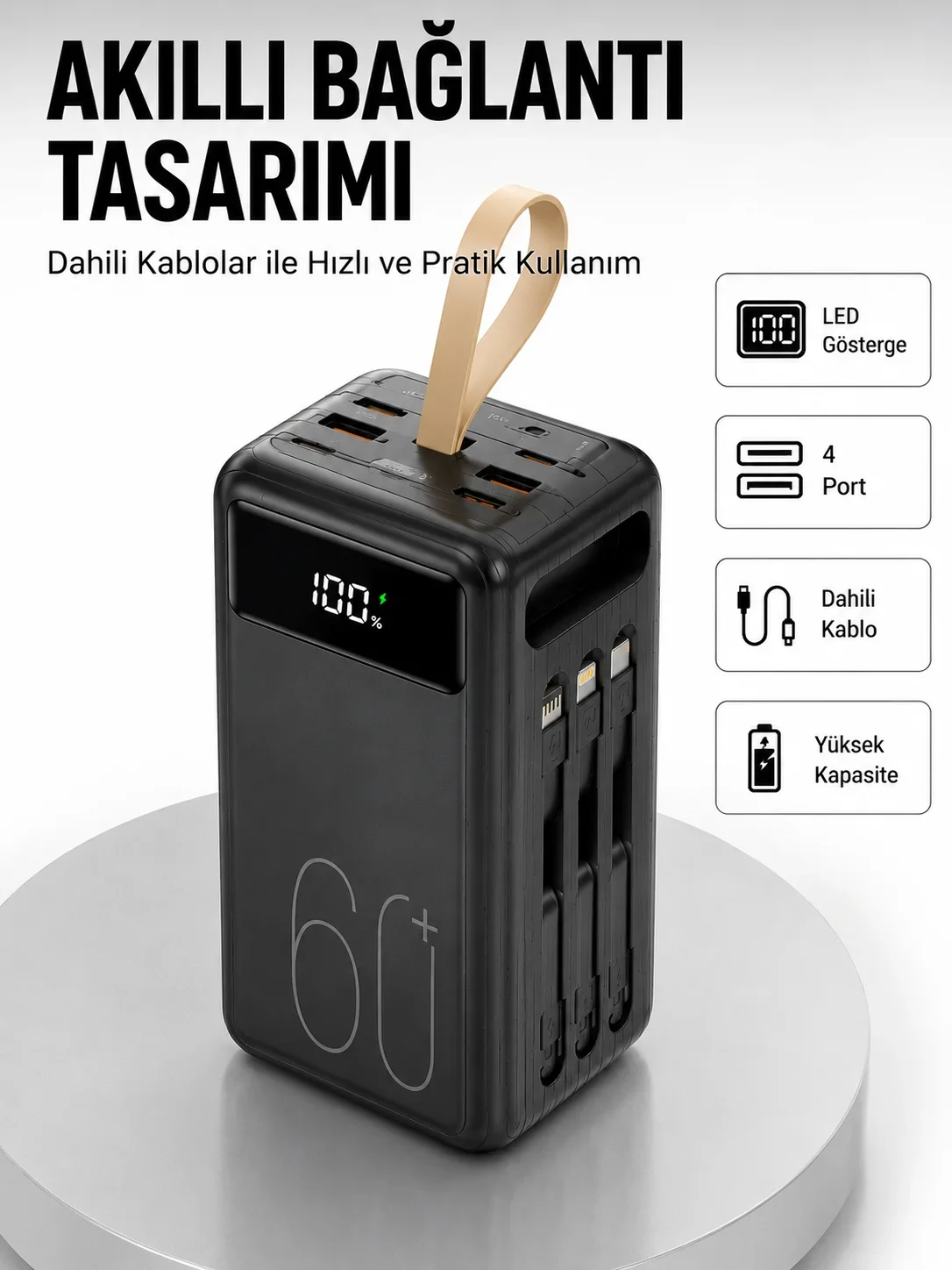 Tüm Cihazlarla Uyumlu LED Fenerli 4 Çıkışlı Powerbank Yeni Nesil