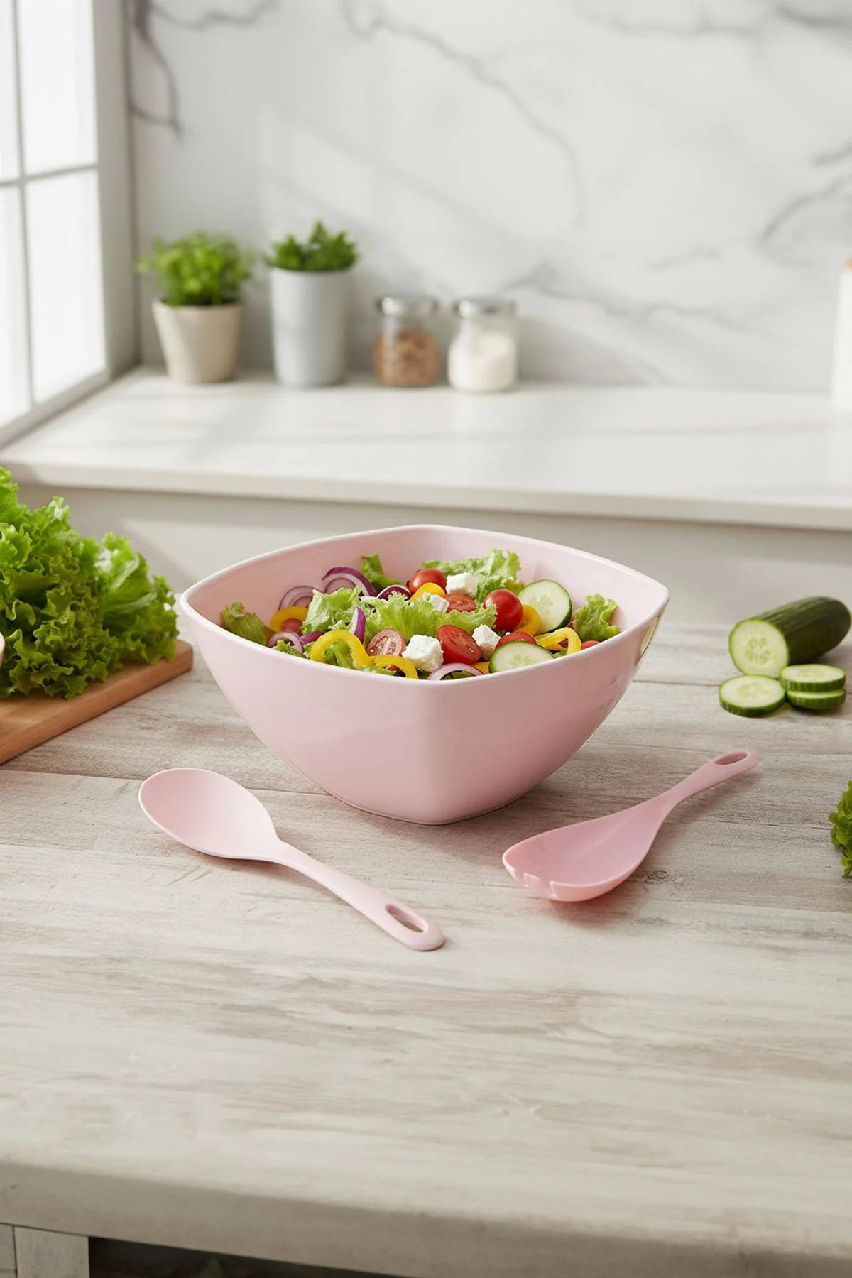 3,5 Lt Soft Pembe Akrilik Kare Salata ve Servis Kasesi Seti – 3 Parça görsel 2