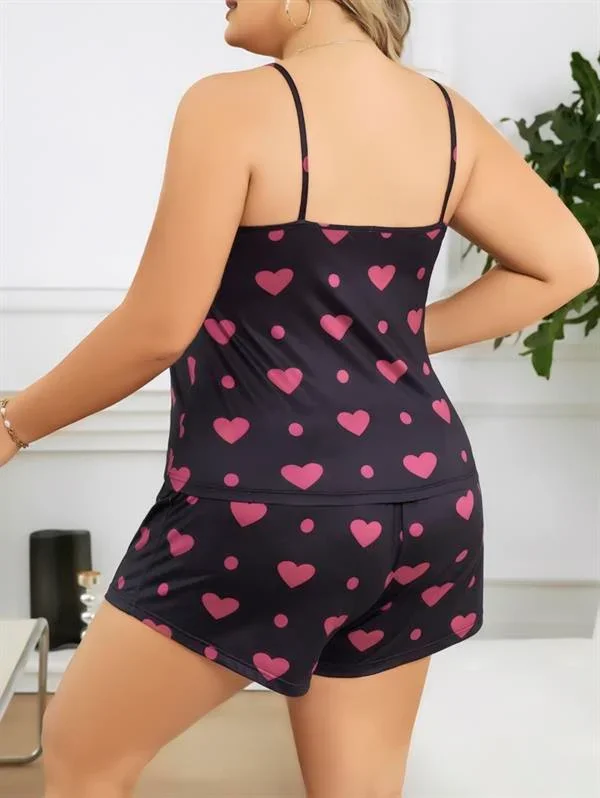Büyük Beden Siyah Kalp Desen İnce Askılı Pamuklu Şortlu Pijama Takımı görsel 3