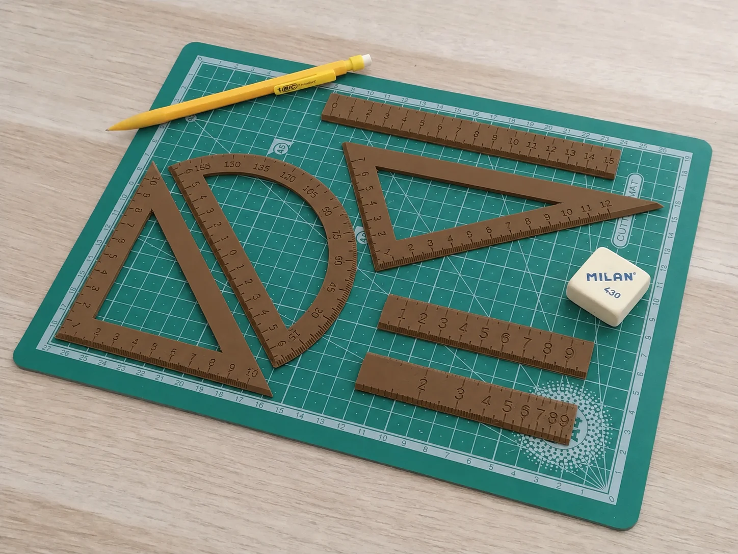 3D Baskı Geometri Cetvel Seti - İletki, Gönye ve Ölçüm Araçları - Kahverengi