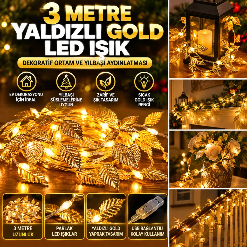 3 Metre Yaldızlı Gold LED Işık – Dekoratif Ortam Aydınlatması