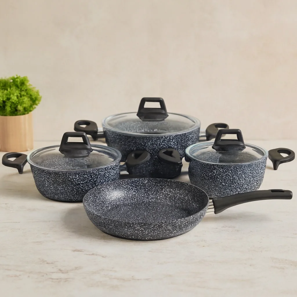 7 Parça Granit Tencere ve Tava Seti (20-24cm Derin, 27cm Cam Kapak, 26cm Tava)
