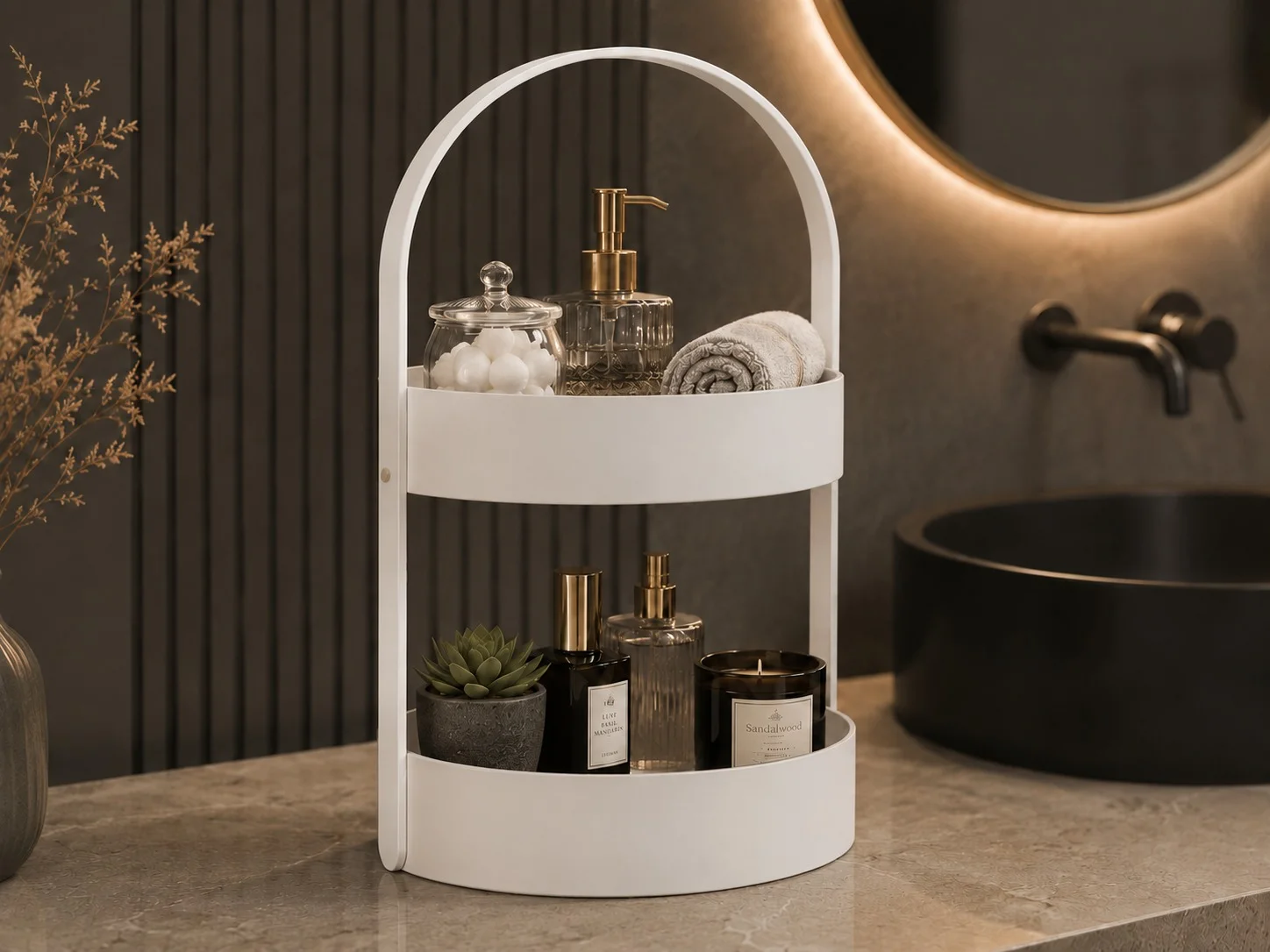 3D Baskı İki Katlı Banyo Düzenleyici - Taşınabilir Organizer ve Saklama Standı-Beyaz