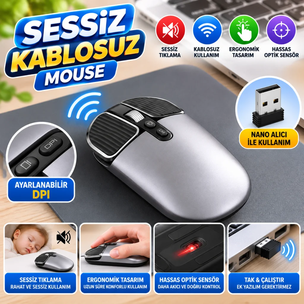 Sessiz Kablosuz Mouse – Wireless Optik Mouse, Sessiz Tıklama, Ergonomik Tasarım
