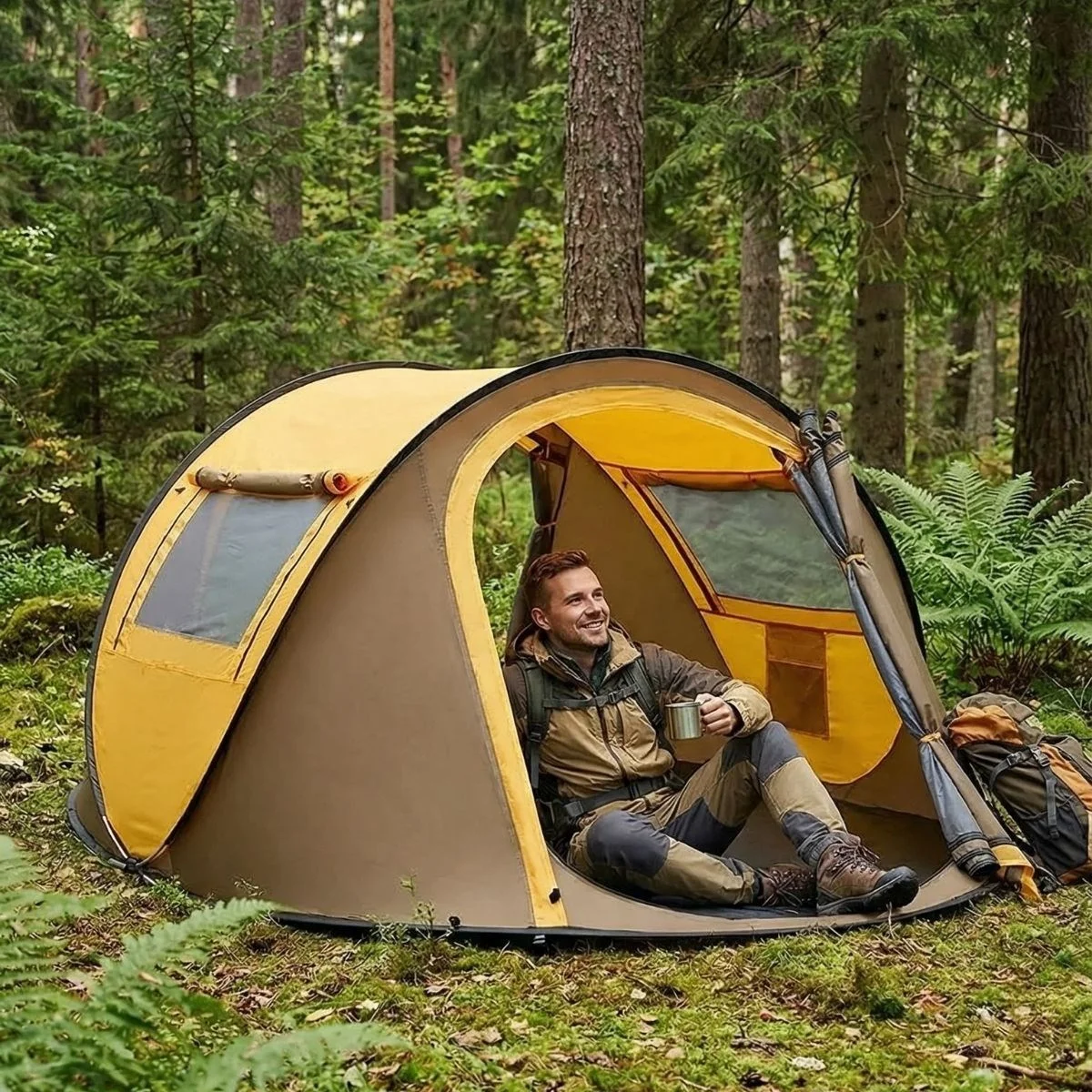 2 Kişilik Vagon Tipi Yarı Otomatik Kamp Çadırı – Çift Kapılı, Çift Pencereli, Hafif Taşınabilir Outdoor Doğa Çadırı 220x120x90 cm görsel 2