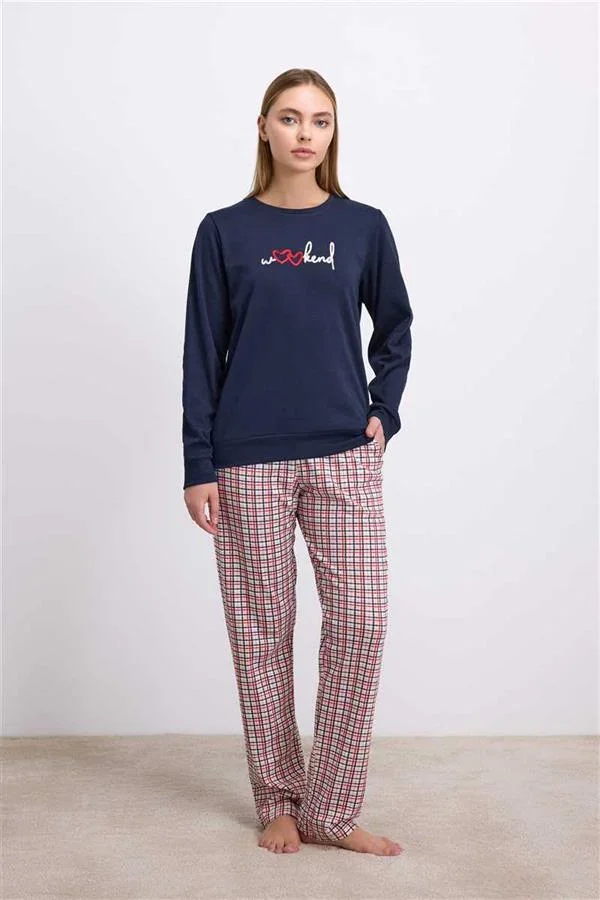 %100 Pamuklu Uzun Kol Sweatshirt ve Ekose Pantolon Pijama Takımı