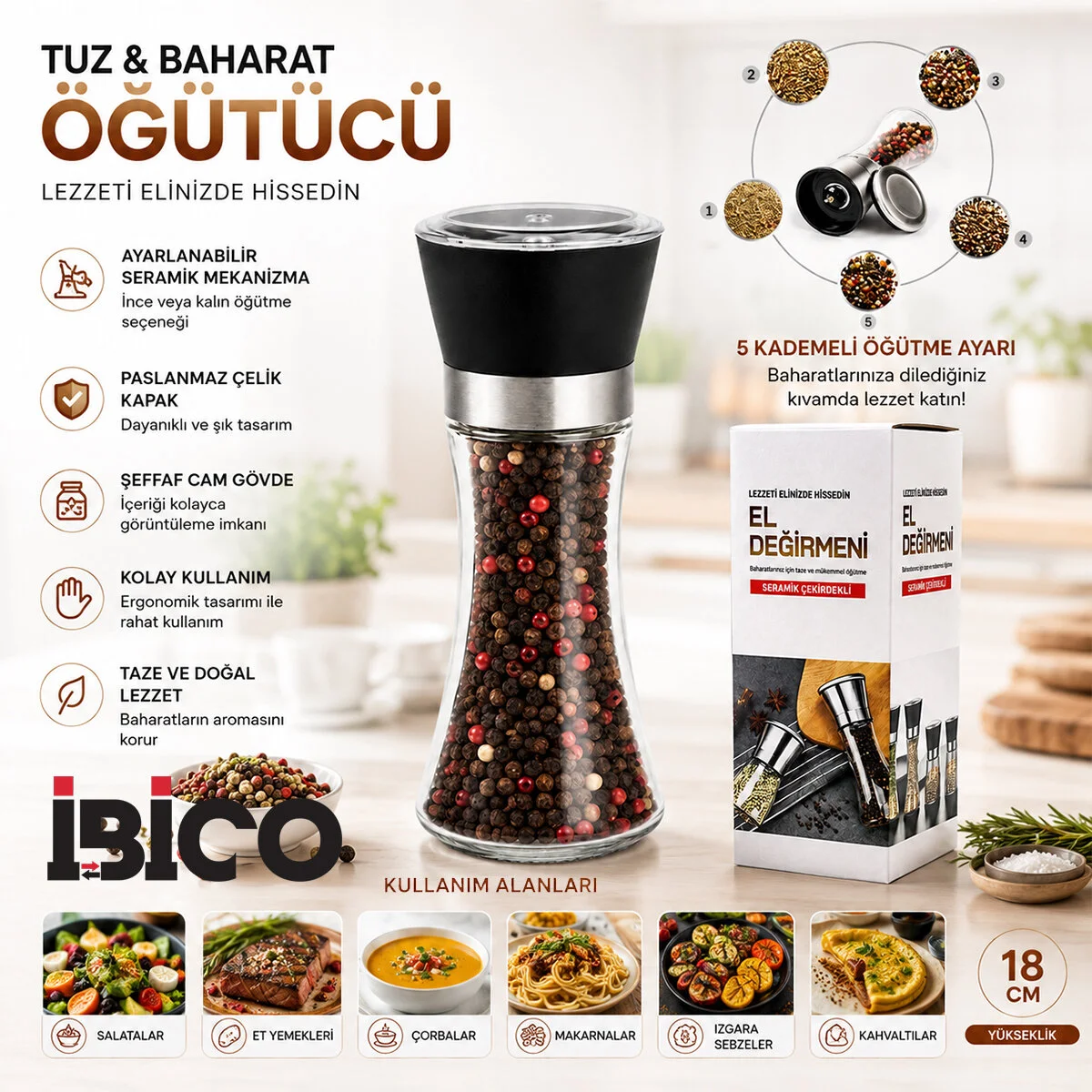 Hand Grınder Büyük Cam Hazneli - Pls.kapaklı - Krom Belli Tuz - Baharat Öğütücü görsel 2