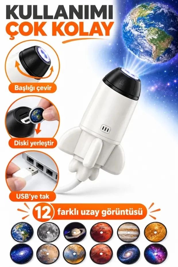 12 Film Diskli Roket Galaksi Projektörü USB Tak Çalıştır Uzay ve Gezegen Projeksiyon Gece Lambası görsel 2