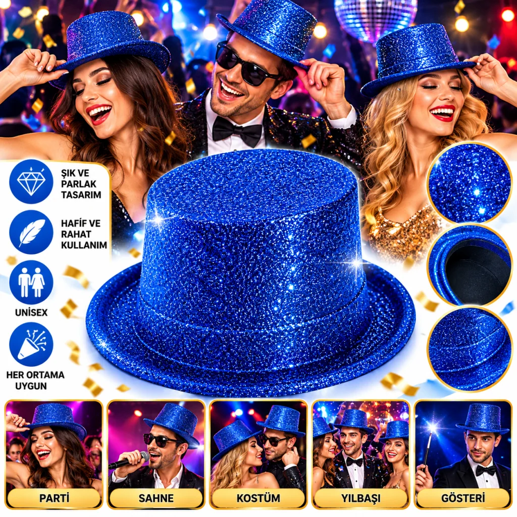 Mavi Simli Glitter Silindir Parti Şapkası görsel 2
