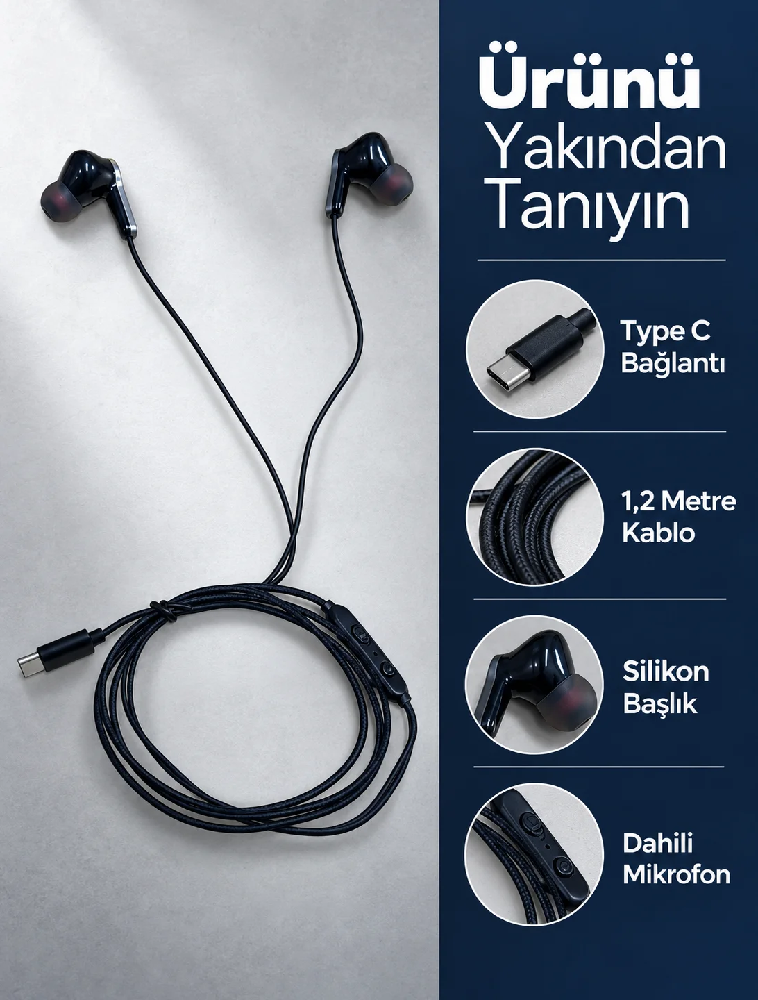 Type C Kablolu Kulak İçi Kulaklık Mikrofonlu ve Kumandalı görsel 3