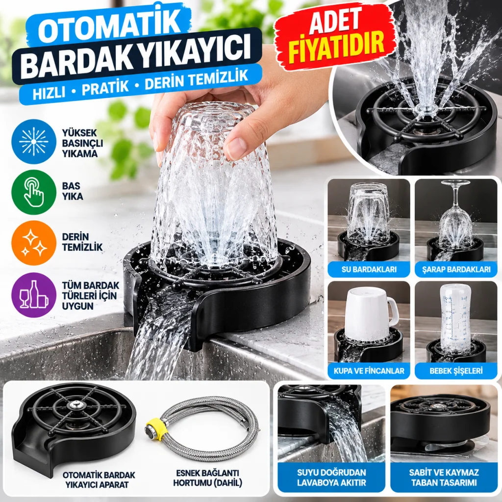 Yüksek Basınçlı Otomatik Bardak Yıkama Aparatı Mutfak Lavaboları İçin Hızlı Kupa Durulayıcı (adet fiyatıdır)