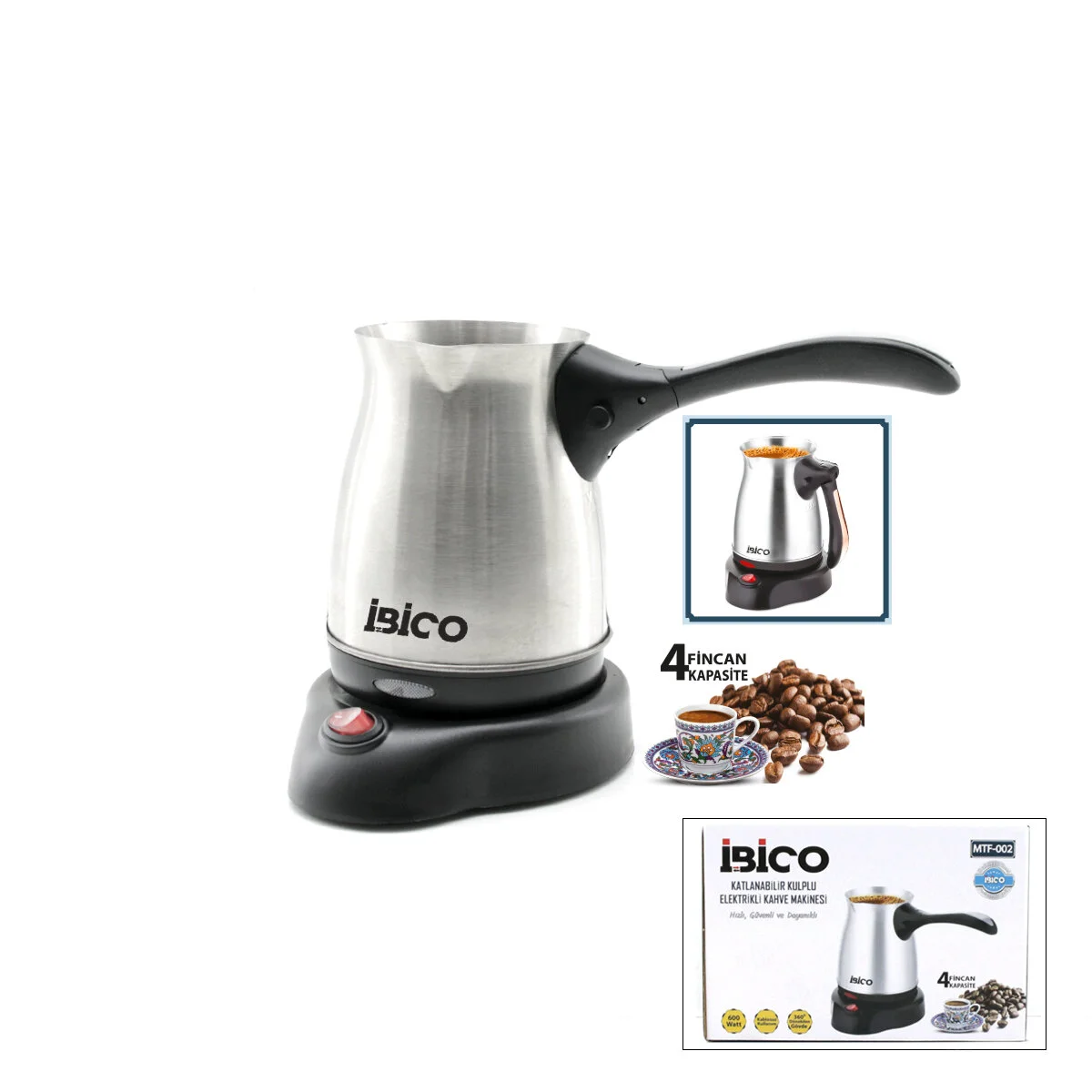 Çelik Elektrikli Cezve Türk Kahve Makinesi - 4FİNCAN=400ML Kablosuz Kullanım- 360°DÖNER 600W MTF-002 görsel 3