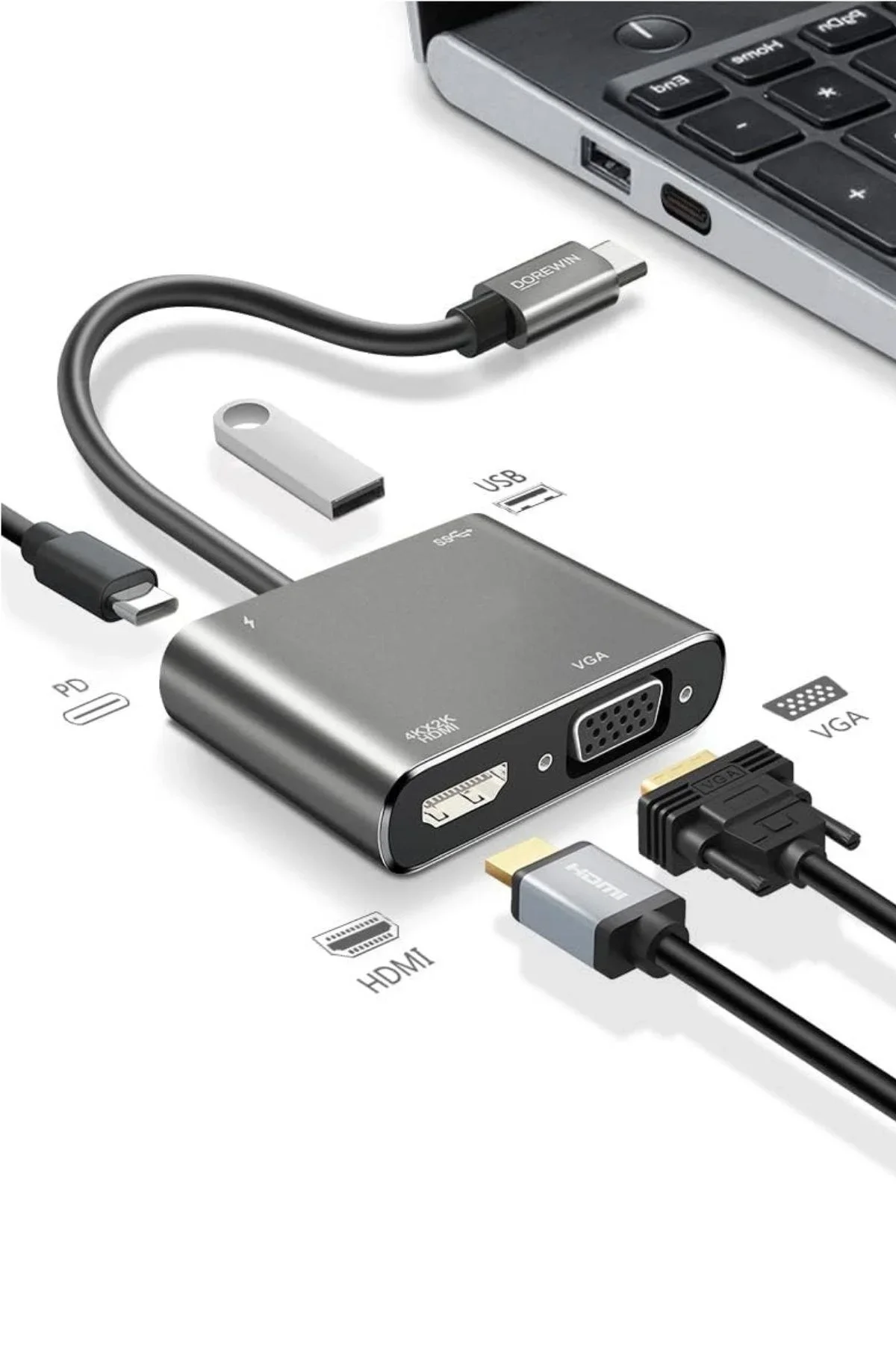 4’ü 1 Arada Type-C to Hub Dönüştürücü Adaptör – 4K Ultra HD HD & VGA Görüntü Aktarımı, PD Hızlı Şarj Destekli, USB Çoklayıcı görsel 7