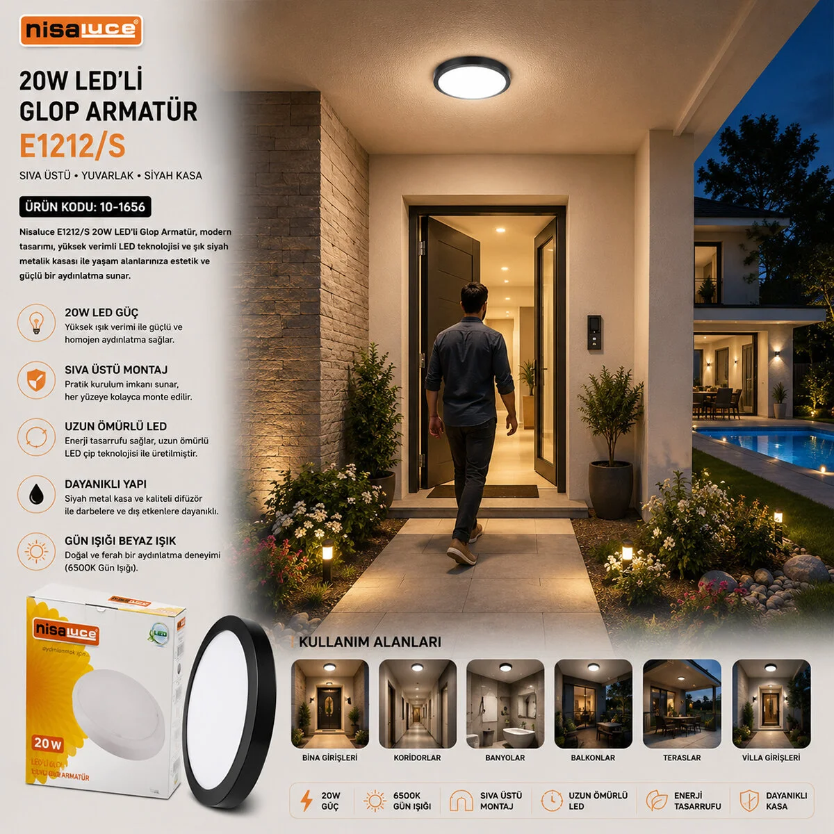 20W SİYAH METAL KASA SIVA ÜSTÜ YUVARLAK LEDLİ GLOP ARMATÜR IP20 6500K - 1800Lm E1212/S görsel 3