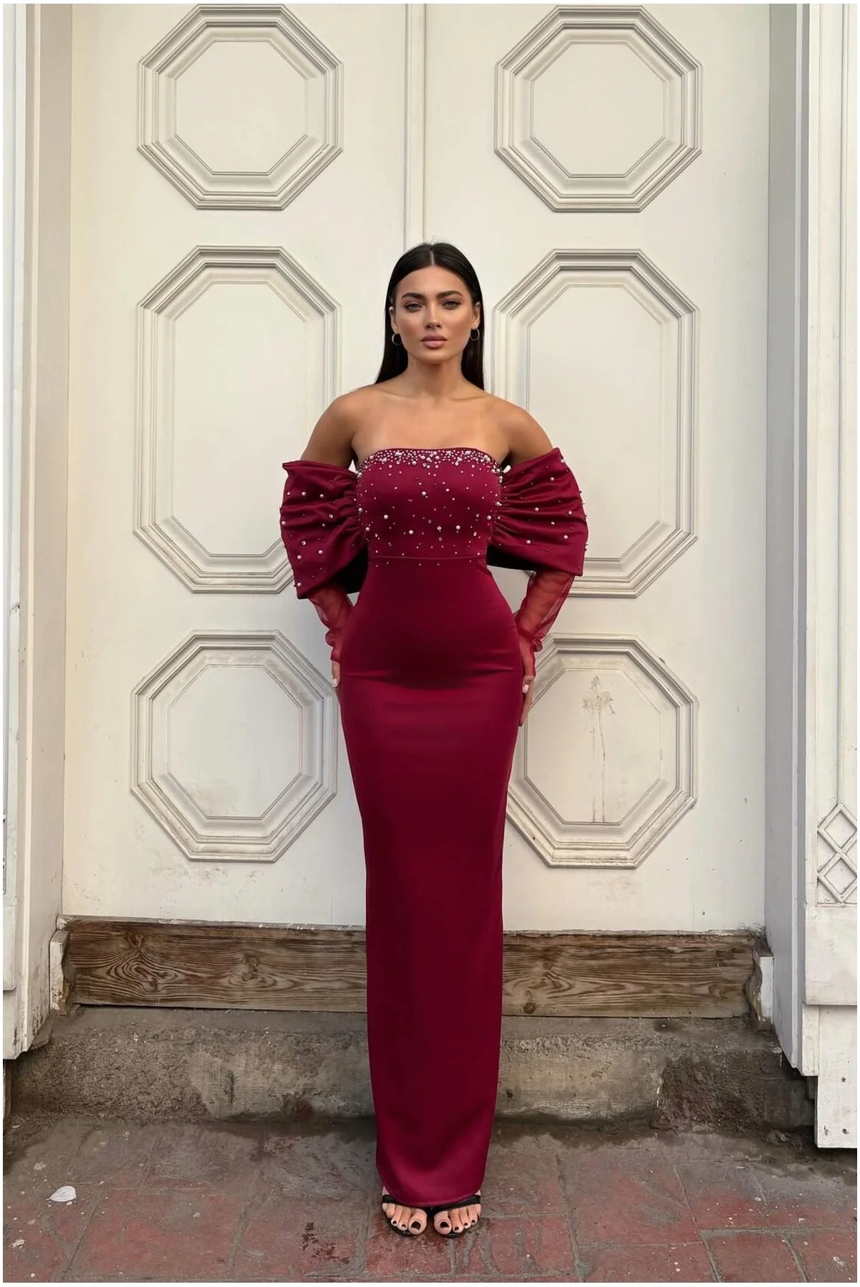 Kadın Trend Model Esnek Tül Kumaş Straplez Abiye Elbise