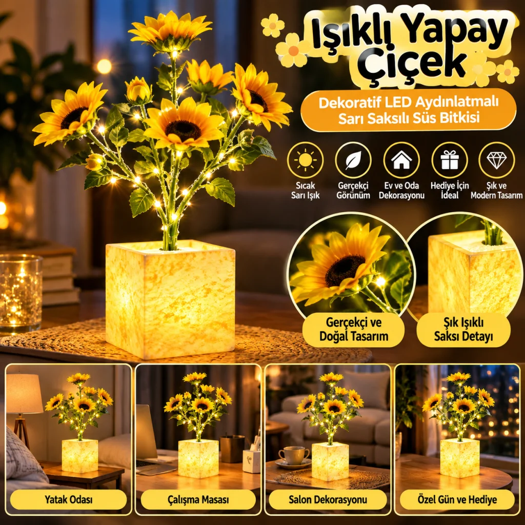Işıklı Yapay Çiçek – Sarı Saksılı LED Dekoratif Bitki, Masaüstü ve Ev Ofis Aydınlatmalı Süs Bitkisi
