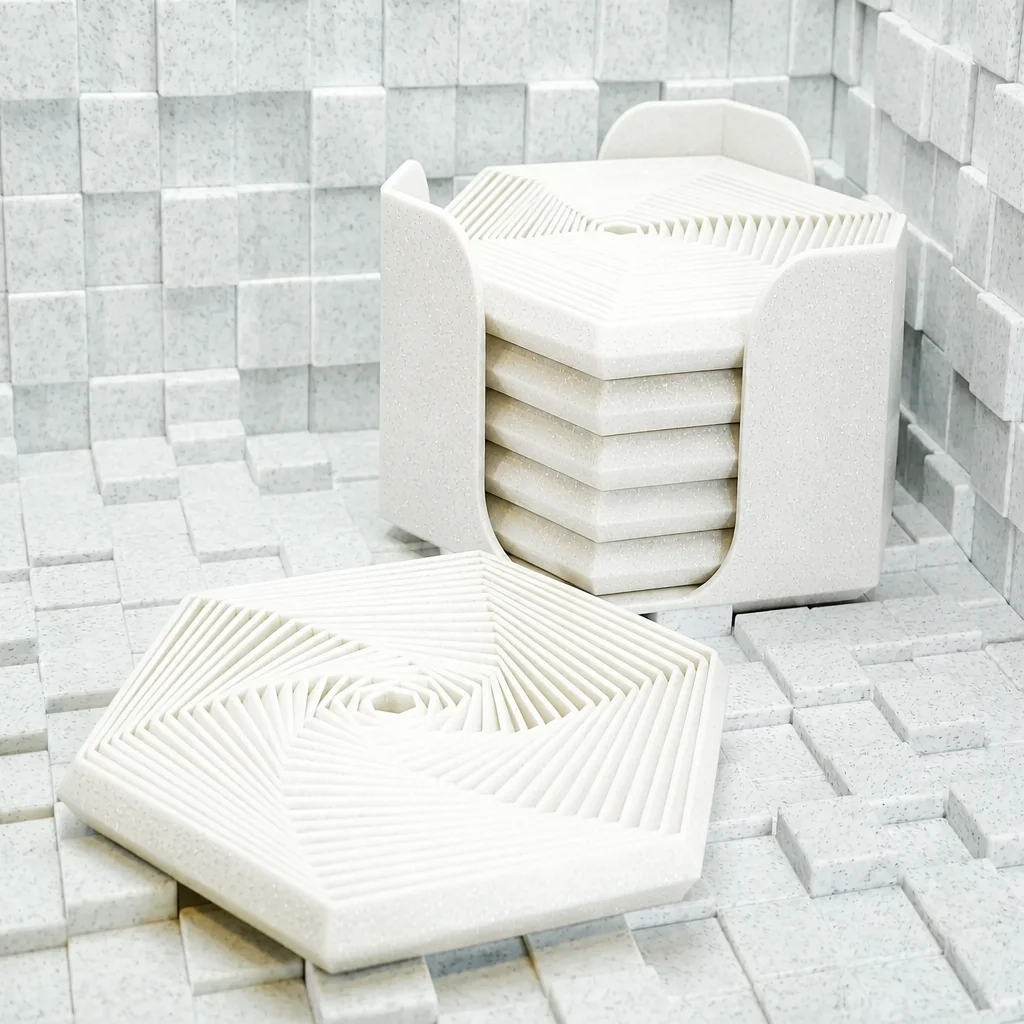 3D Baskı Super Fidget Coaster Seti - Altıgen Desenli Bardak Altlığı ve Tutucu-Beyaz