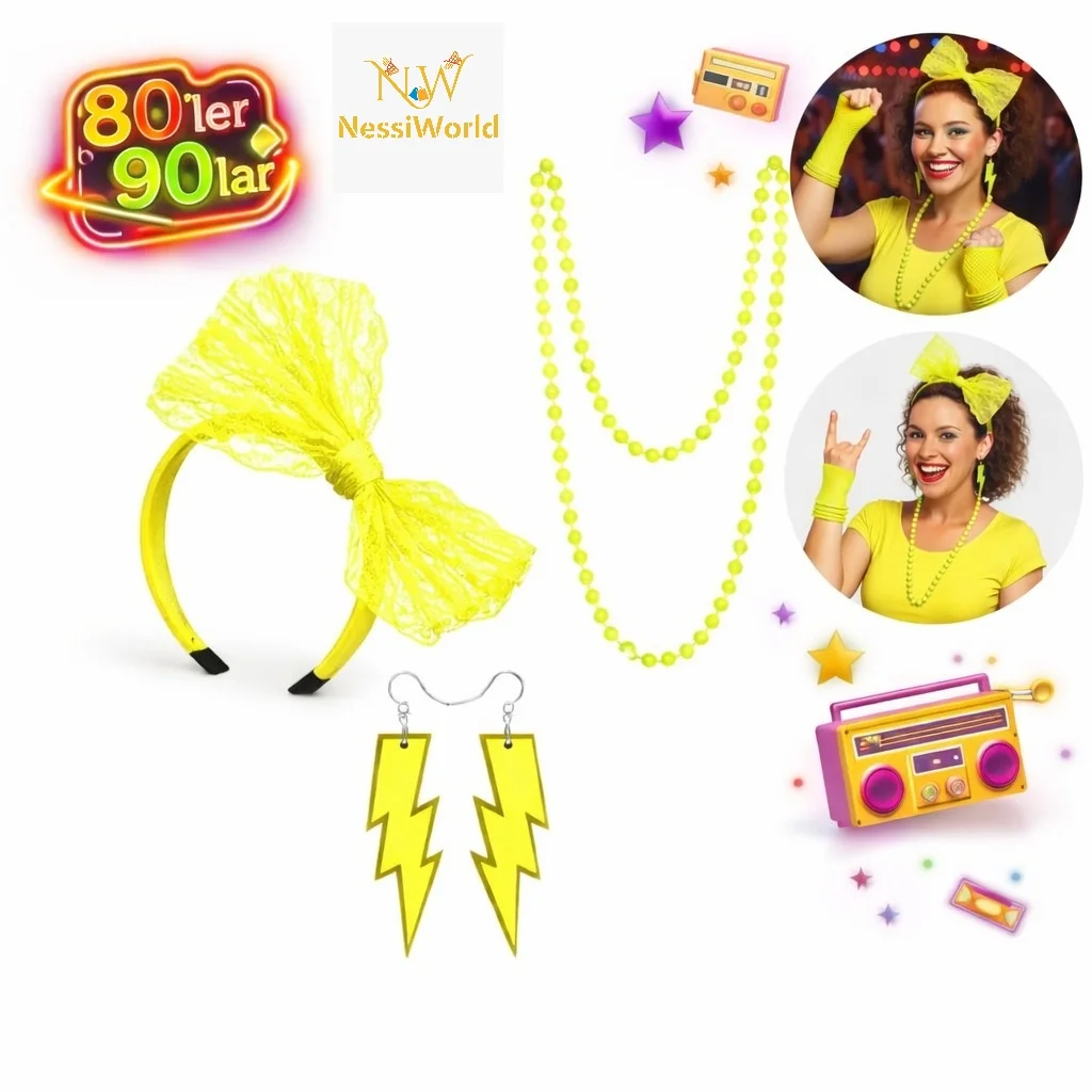 80’ler 90’lar Neon Sarı Parti Seti – Kolye Küpe Taç görsel 2