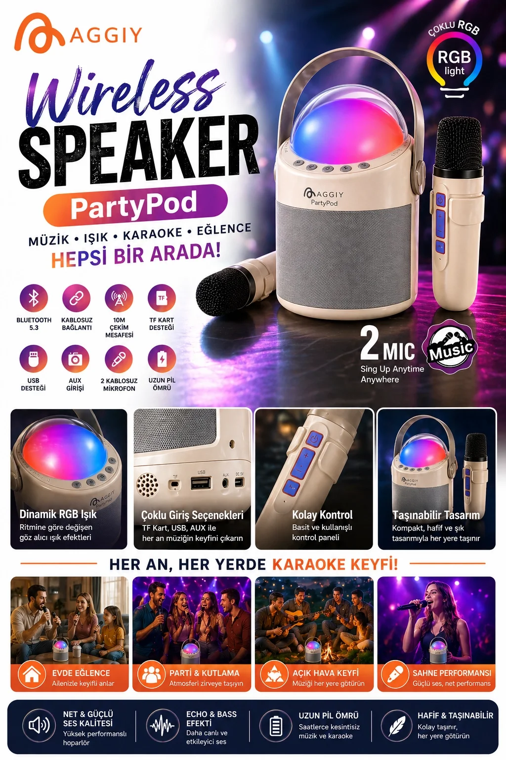 PartyPod Bluetooth 5.3 Destekli Çok Fonksiyonlu Kablosuz Mikrofon Ve Hoparlör görsel 3