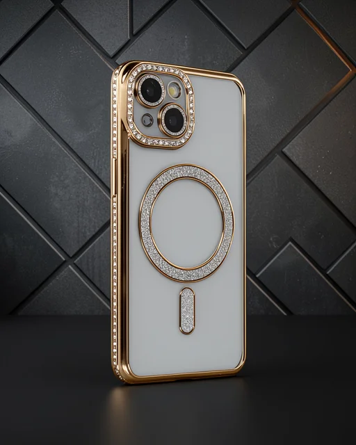 Apple İphone 13 Kılıf Joke Simli Magneticsafe Kılıf - Gold