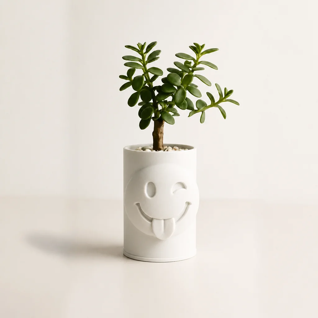 3D Baskı Emoji Planter - Göz Kırpan Yüzlü Sukulent Saksısı-Beyaz