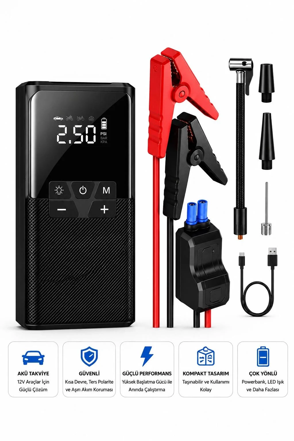 Vothoon12000 mAh Akıllı Akü Takviye ve Dijital Hava Pompası Akım Korumalı görsel 3