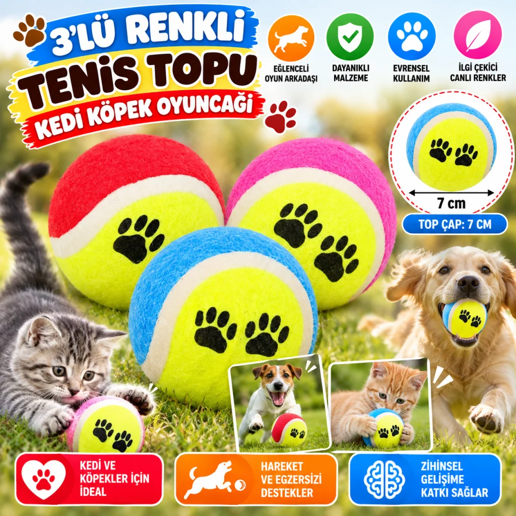 3lü Renkli Desenli Tenis Topu Kedi Köpek Oyuncağı (adet fiyatıdır)