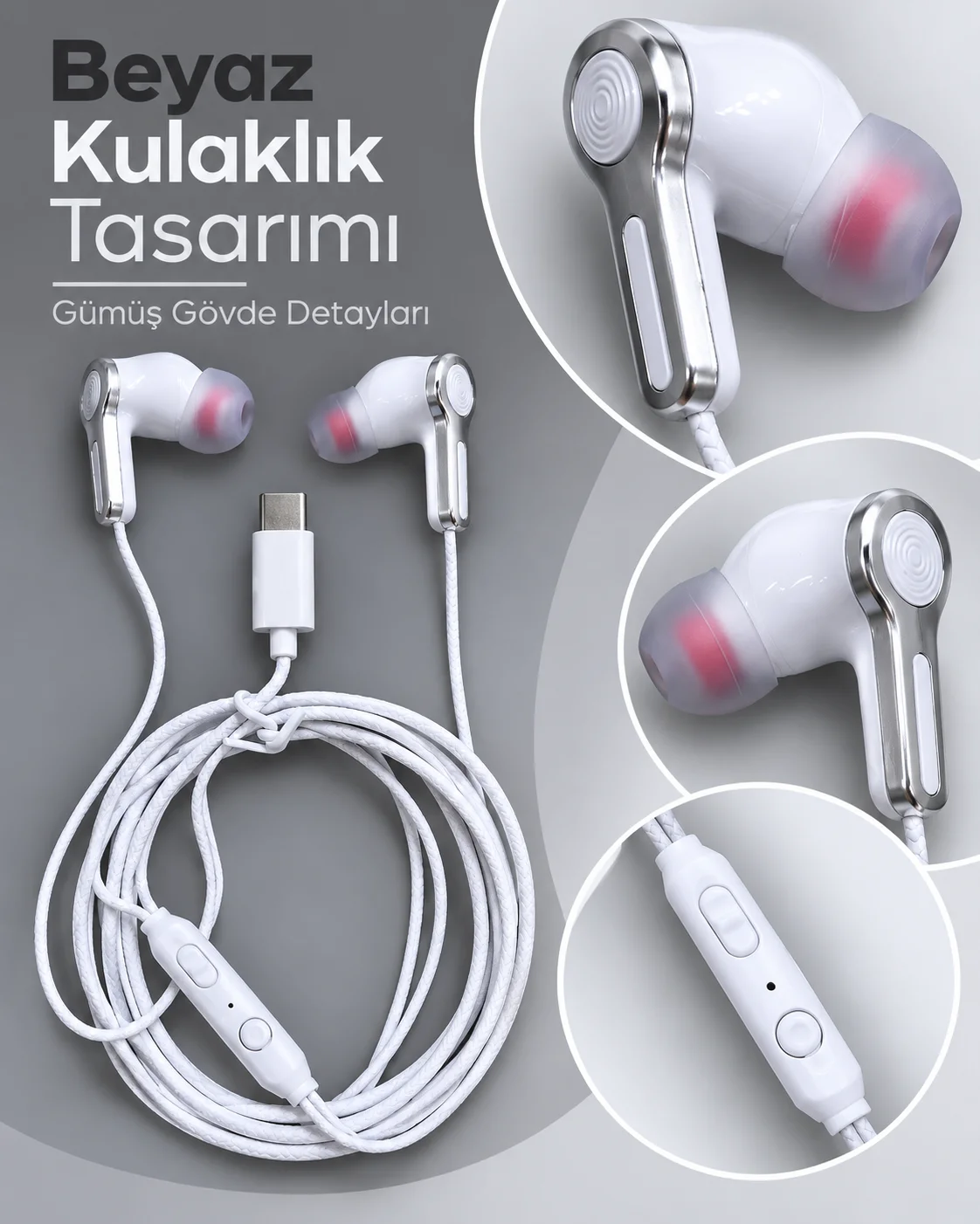 Örgülü Kablo Tasarımlı Kumandalı Beyaz Type C Kulaklık